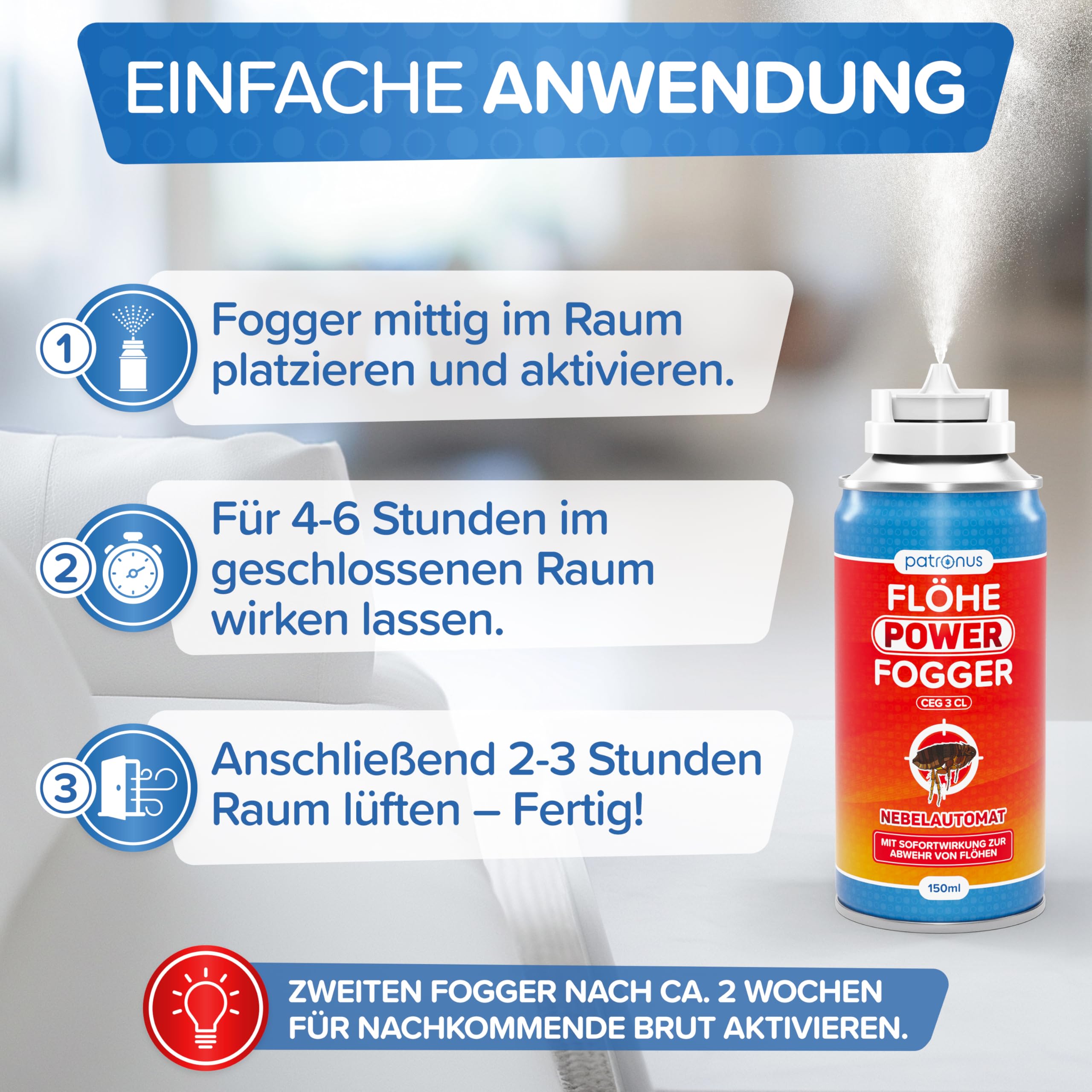 Patronus Flöhe Power Fogger mit maximaler Sofortwirkung [2X 150ml] | effektiver Floh-Fogger zur Abwehr gegen Flöhe in der Wohnung - Flohbomben für schwierig erreichbare Floh-Verstecke