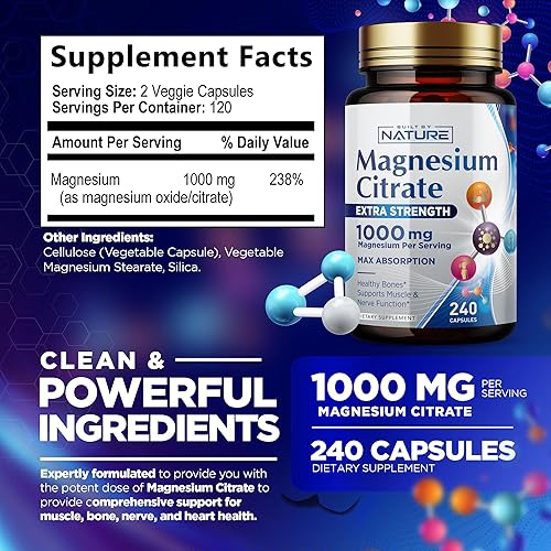 Miniatura 6 de Citrato de magnesio 1000 mg  Máxima absorción y complejo de magnesio de alta potencia Suplemento para corazón, músculo, nervio, salud ósea y alivio