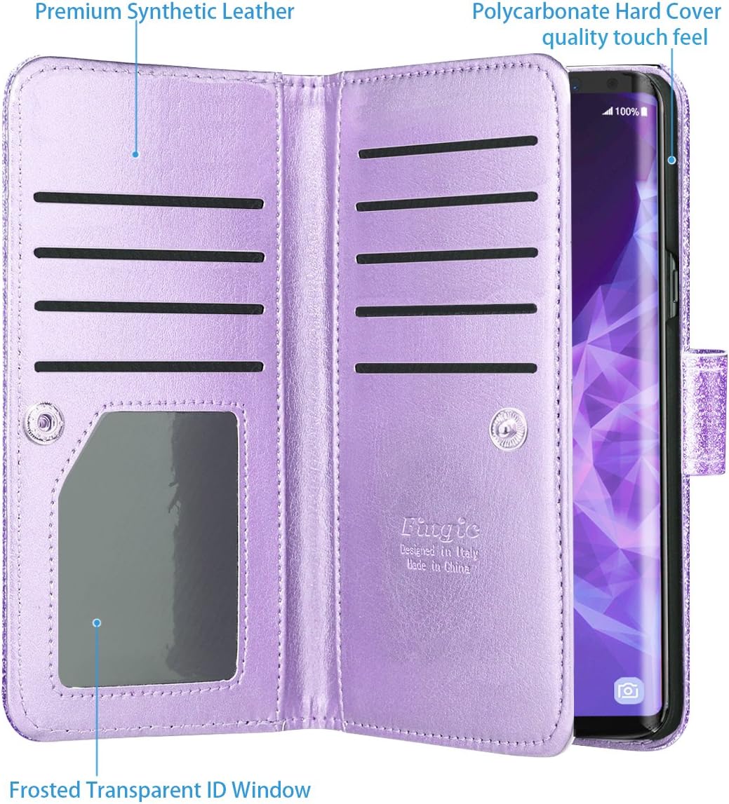 S9 Plus Wallet Case,Galaxy S9 Plus Case,Fingic Luxury Glitter Wallet Case Nickel Plated Press Stud[Cash Holder][Wrist Strap][Magnetic Snap Closure] Protective Cover for Samsung Galaxy S9 Plus,Purple