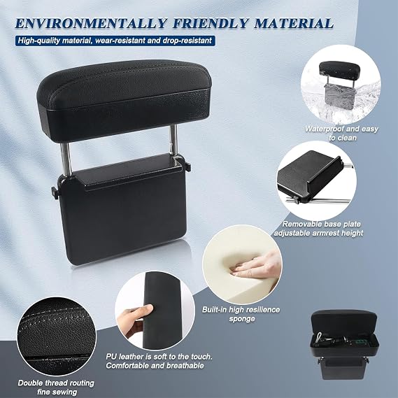 Car Armrest Storage Box, Auto Seat Tray Leather Organizer Wireless Charging Protector Forearm Wrist Support Adjustable Height Comfort Pad for SangYong Korando Rexton,B/Black-red