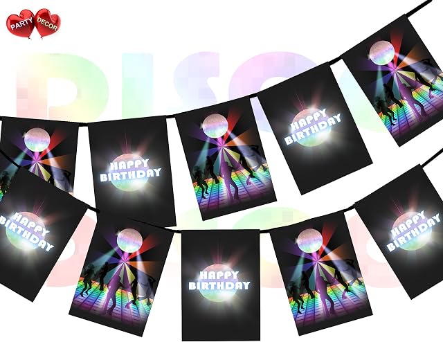 Party Decor Dance Floor Disco Ball Happy Birthday Rainbow Flash on Black background I Love 70's 80's 90's Theme Bunting Banner 12 Flags For Guaranteed Stylish Amazing party decoration