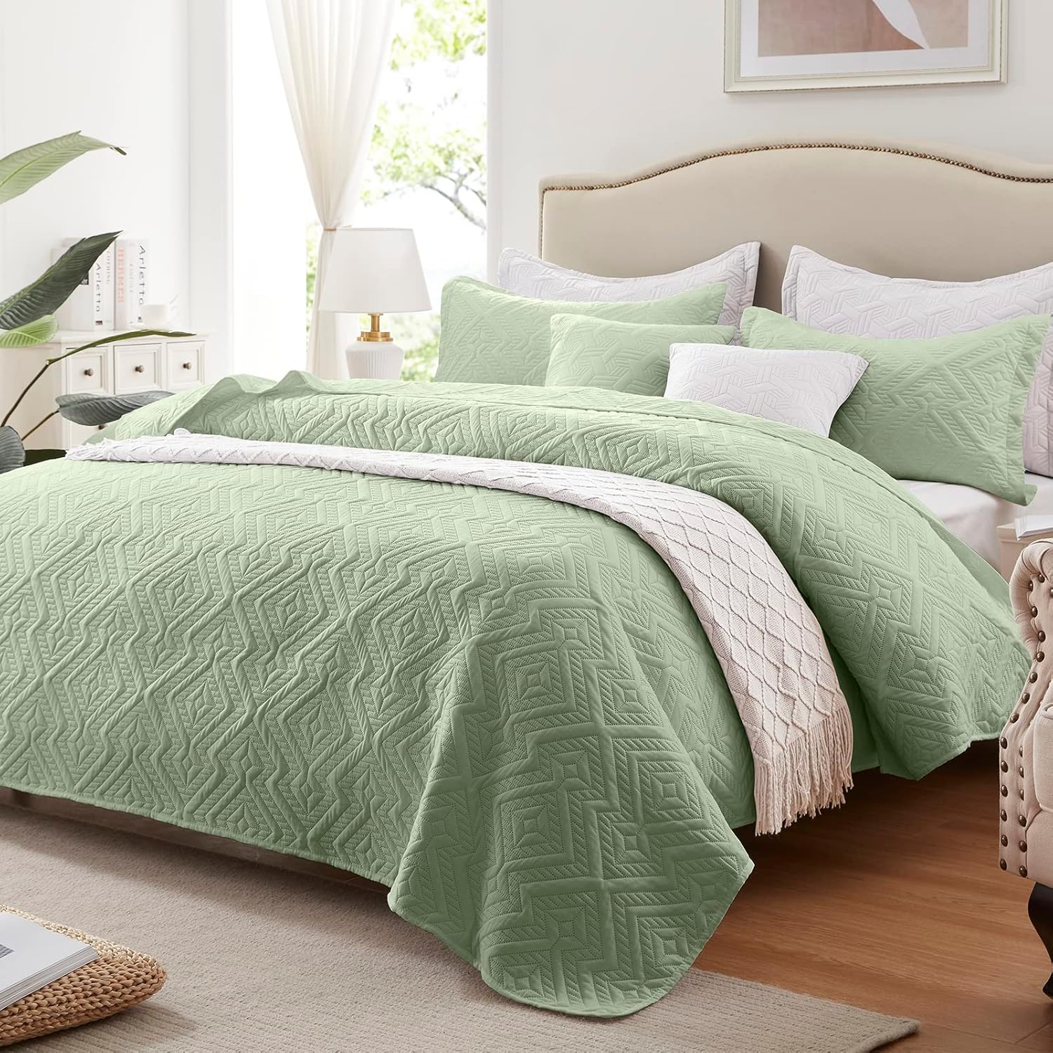 LEAONME Quilt Set King Size 3 Pieces, Lightweight Sage