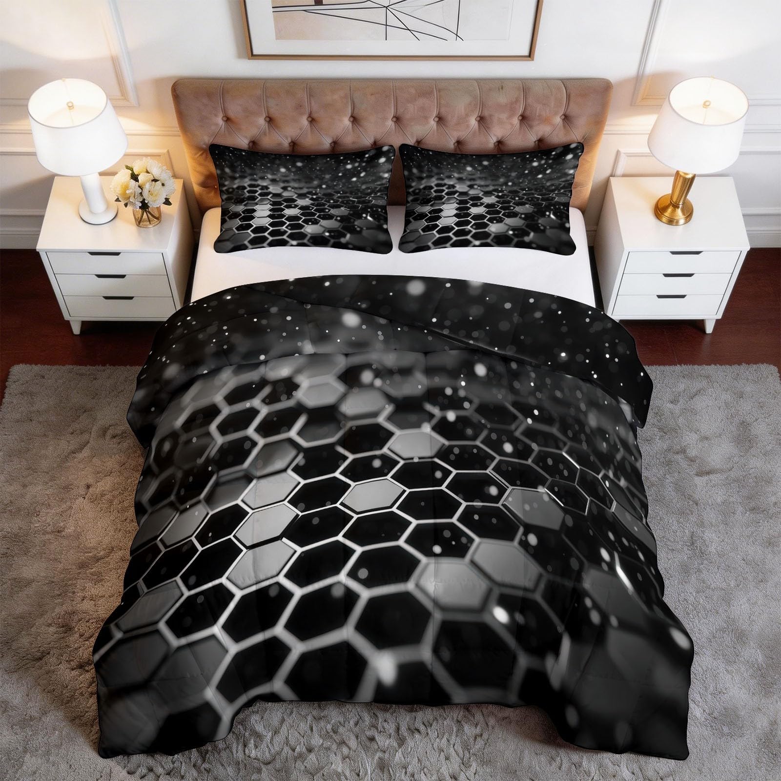 Piumino 4 Stagioni 150x200 cm Forme geometriche nere esagoni Trapunta Copriletto Imbottito Leggero in Microfibra Soffice, Trapuntino Stampa Reversibile Estate e Inverno