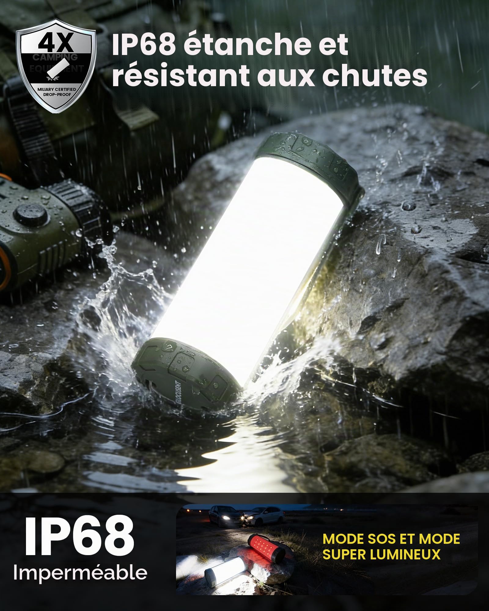 Glocusent Lampe Camping Rechargeable avec 4 Modes (dont SOS), 106 LED 1200LM, IP68 Étanche, 80h Autonomie, Compacte & Légère – Lanterne Camping Exterieur Pour Randonnée, Urgence, Maison (Vert)