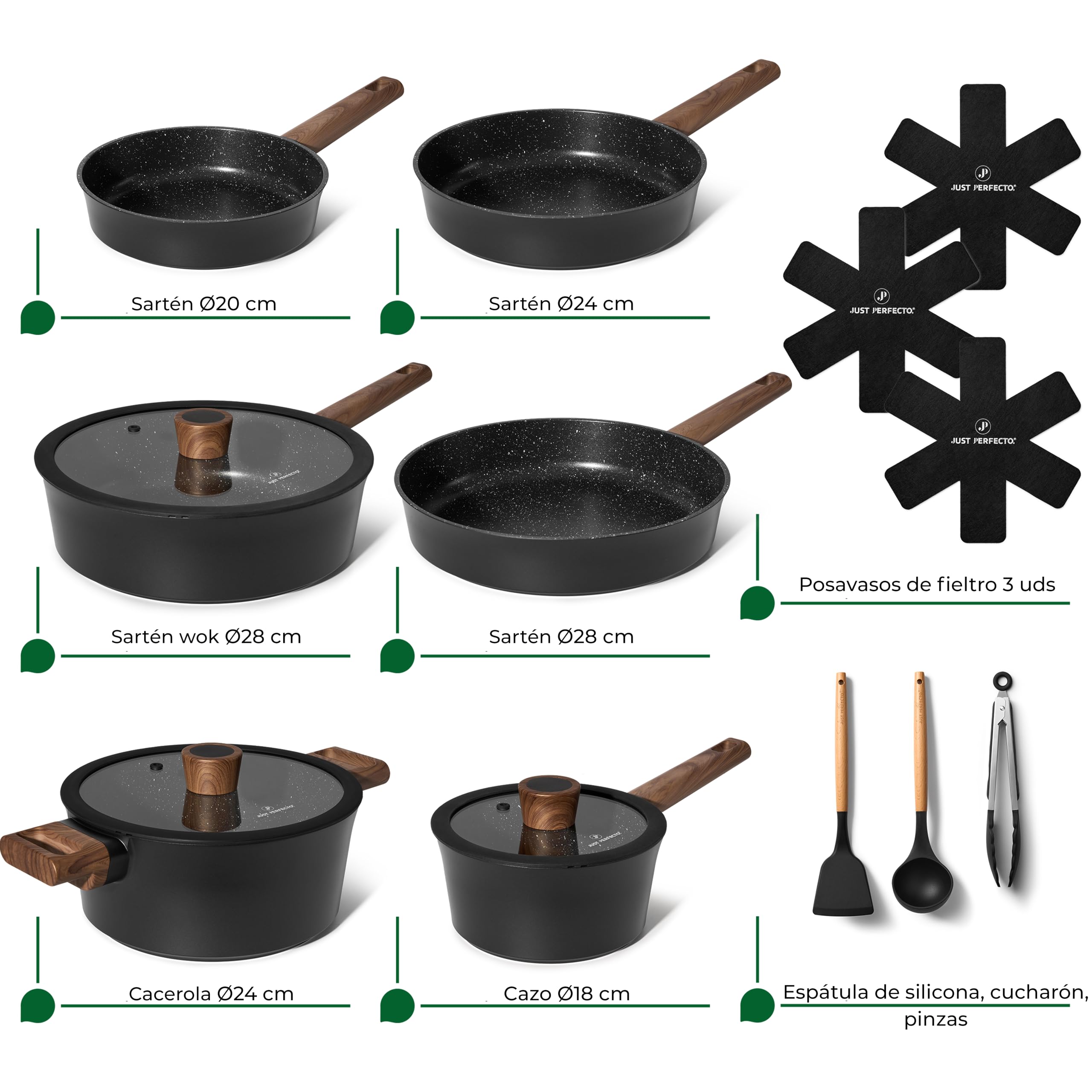 JUST PERFECTO - Zestaw Naczyń Indukcyjnych - Patelnie Nieprzywierające z Szklanymi Pokrywkami - Wszystkie Źródła Ciepła - Wolne od PFOA/PTFE - Aluminium, Powłoka Ceramiczna