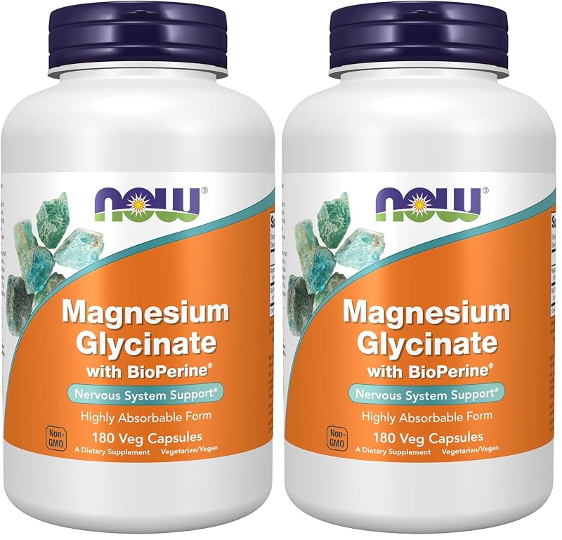 NOW Foods Suplemento de Magnésio Glicinato com BioPerine, 2 frascos com 180 cápsulas