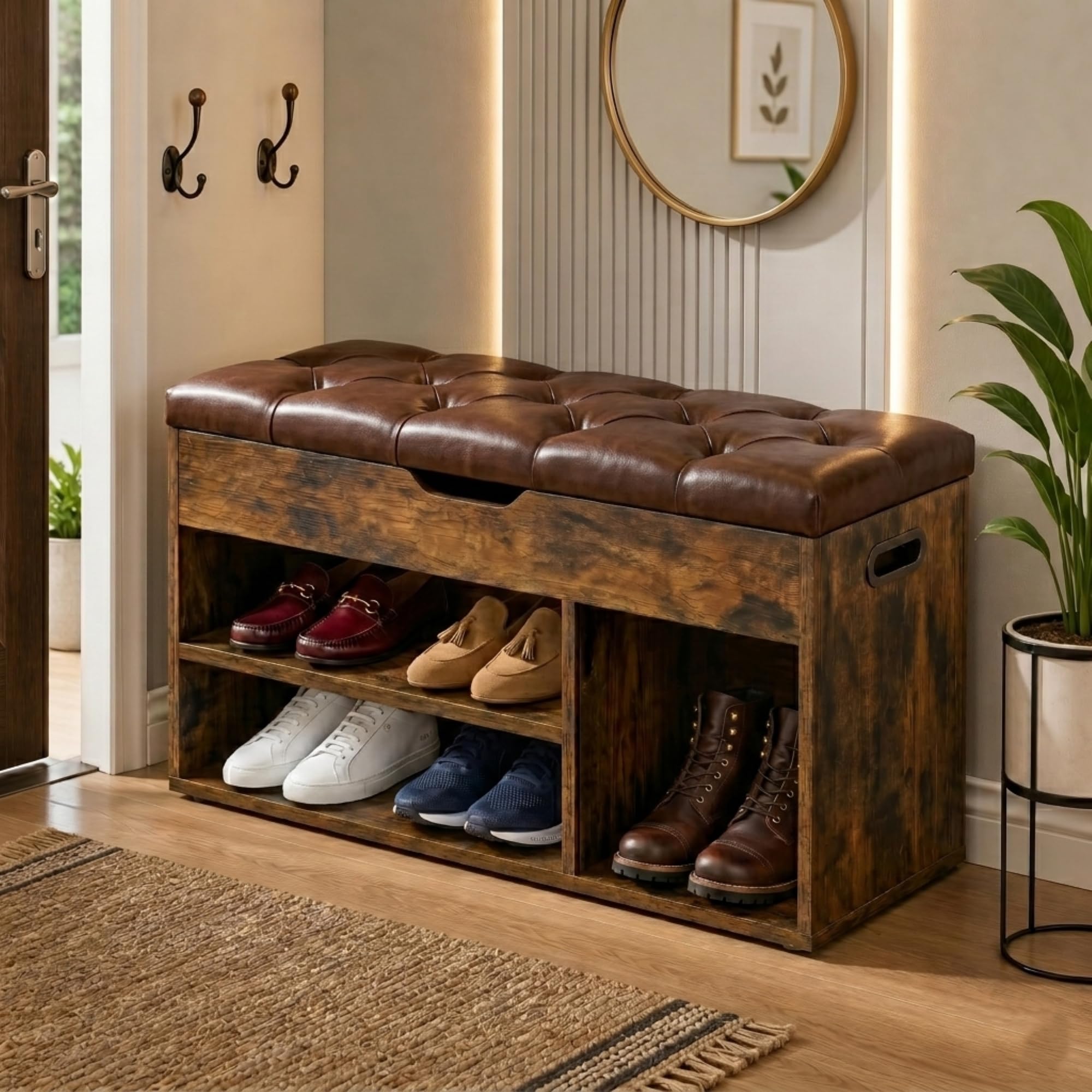 Wooden Shoe Storage Bench Tufted Leather Cushion Seat, 80Cm, Brown Leather