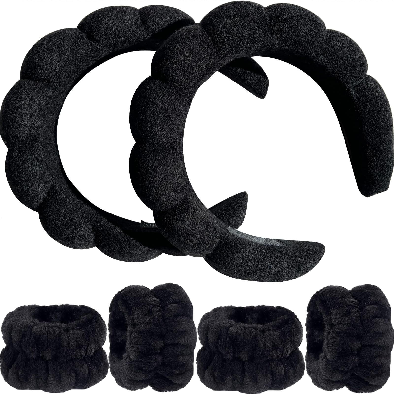 Spa Headband For Washing Face, Face Wash Headband And Wristband Set, Makeup Headbands For Women Washing Face, Terry Cloth Bubble Headband For Women Girl Mask Skincare (BLACK)