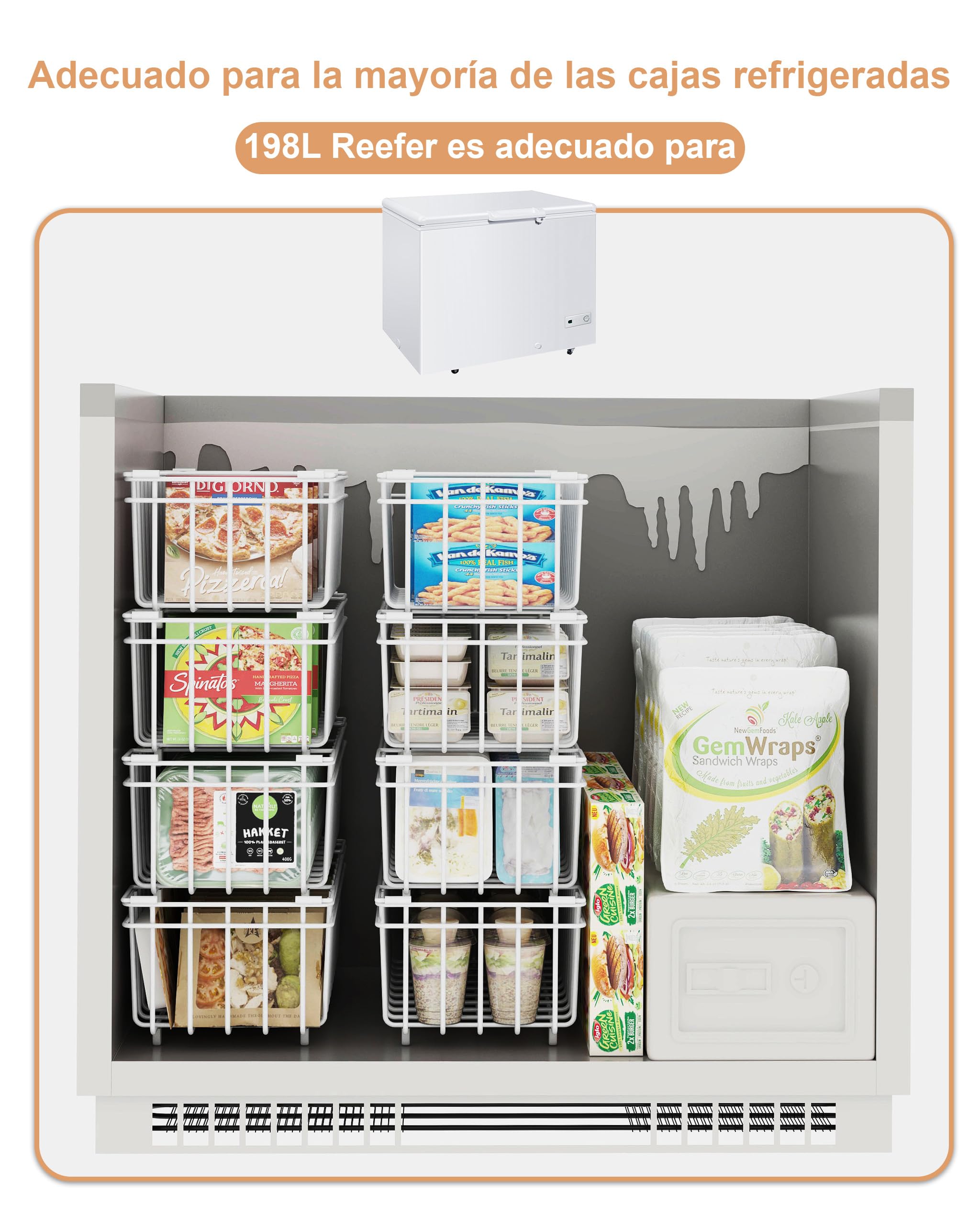 UMDONX Cesta para Congelador de 4 piezas blanco - Cestas apilables para congelador con asa, fácil acceso, para congelador de 198L, organizar ingredientes congelados (37x18x15cm)