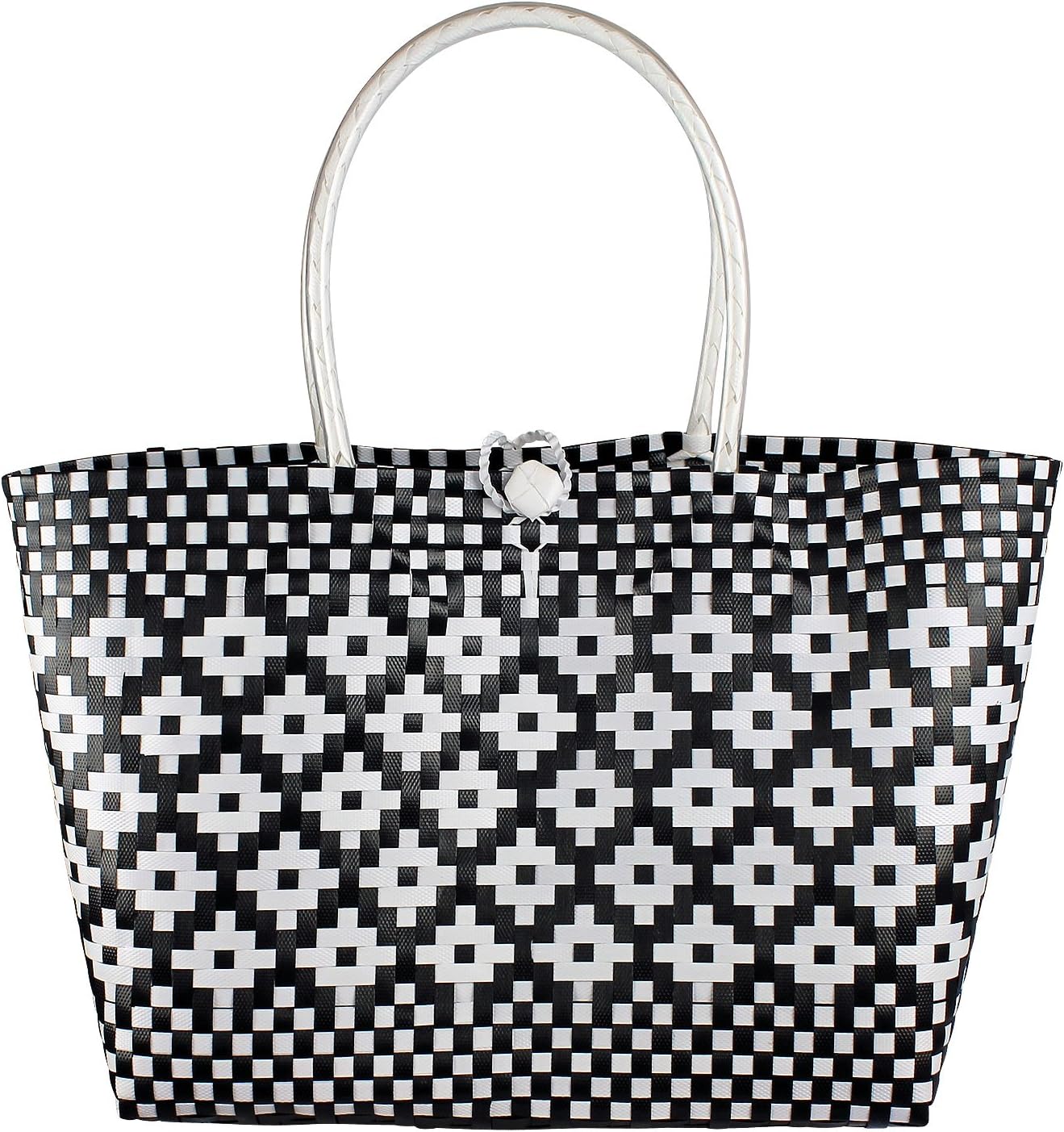 Plastic woven bag, handmade, woven beach tote, woven tote bag, beach bag, made from Recycled Material, Handwoven plastic shoulder bag - Style Hollywood (Black)