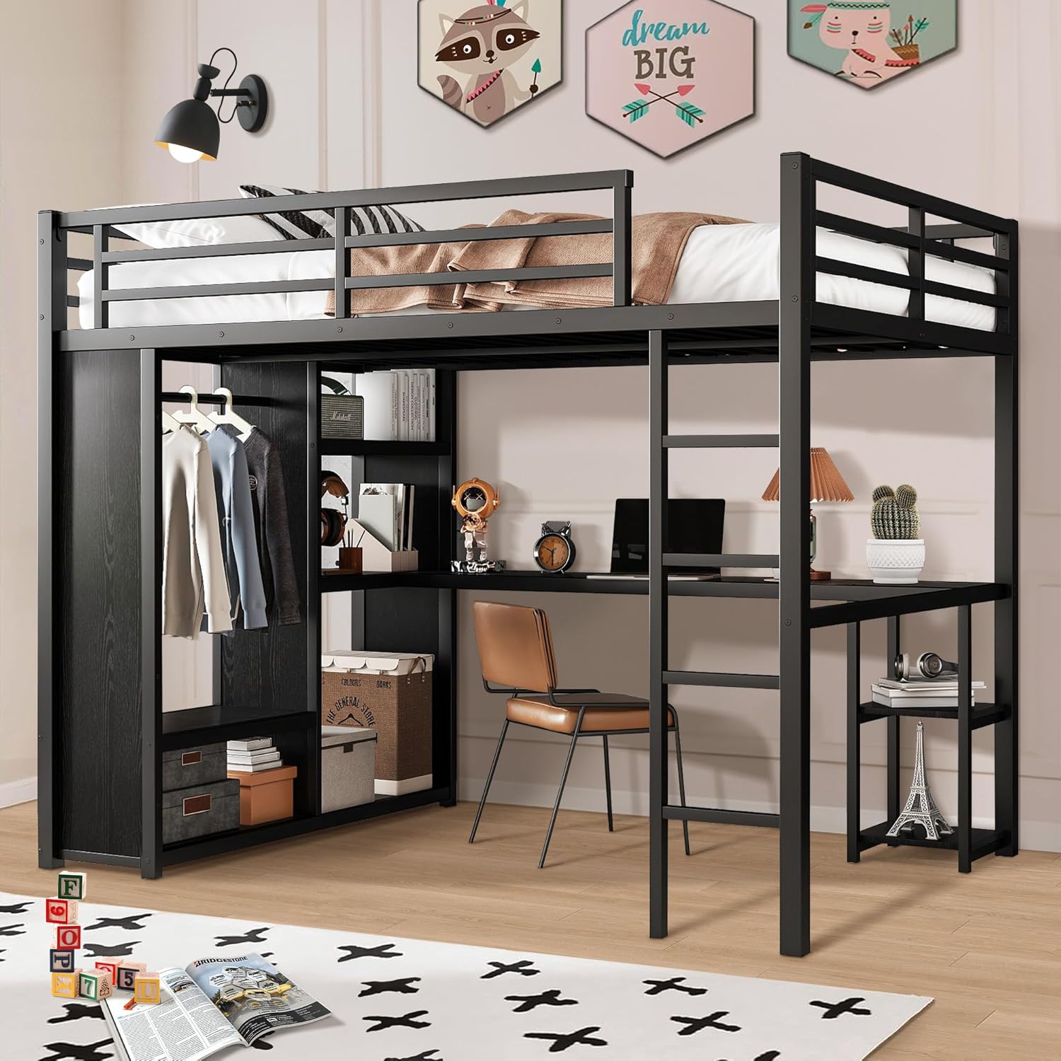 Queen Heavy Duty Metal Loft Bed with L-Shaped Desk, Wardrobe & 5 Storage Shelves – Space-Saving Design for Kids, Teens, Adults – 500LBS Capacity, Easy Assembly (Queen)