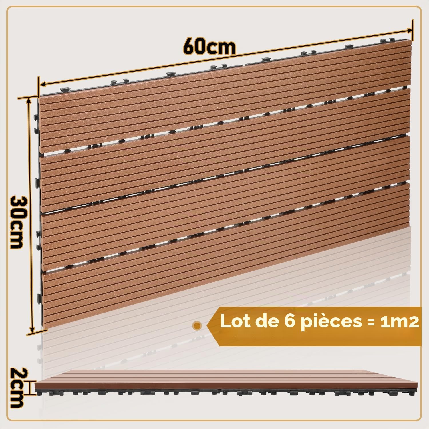 Lospitch Dalles de terrasse WPC 30 x 60 cm - Lot de 6 dalles en bois pour 1 m² - Aspect bois - Pour jardin, balcon, terrasse - Avec système de drainage et de clic