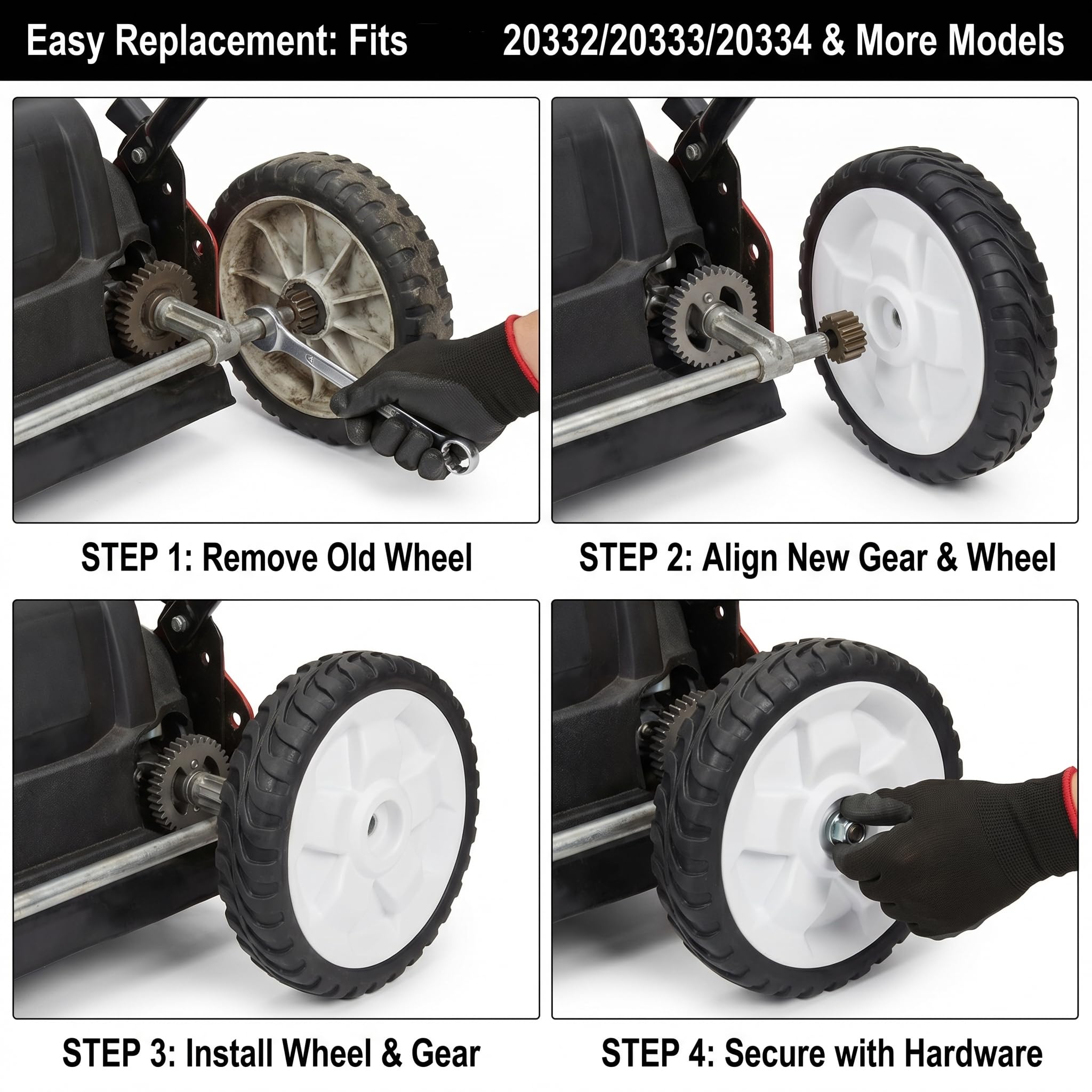 Kit de piñón y rueda de cortacésped de repuesto para modelos Toro 20332, 20333, 20334, 20337, 20338, 20372-20374, 20955-20958, 20332C, 20337HD — Rueda de 8 pulgadas, compatible con OEM, Pieza de