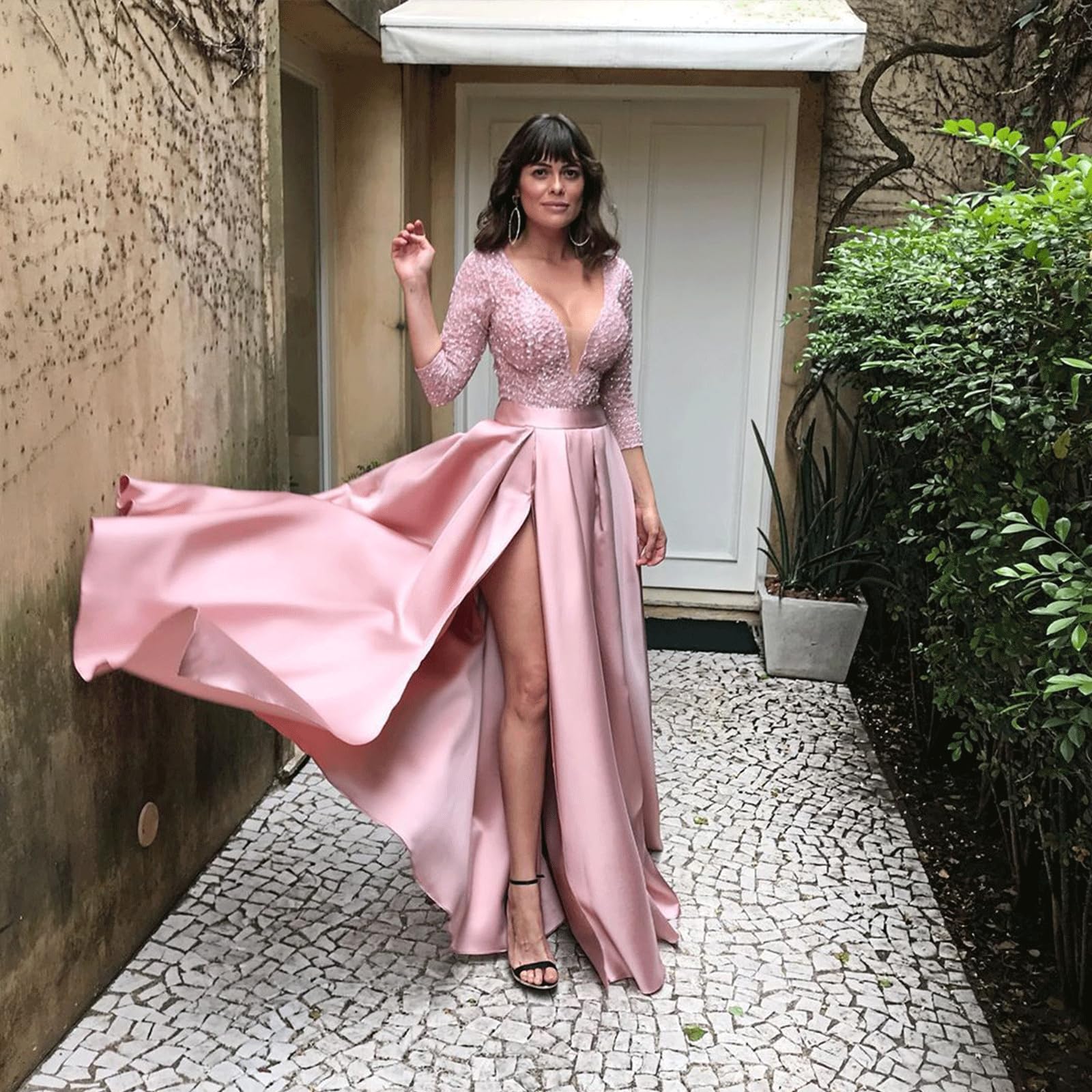 FGRID Vestido de Fiesta de Manga Larga con Cuello en V para Mujer, Elegante Vestido de Fiesta de Raso hasta el Muslo, Vestido de Fiesta Formal de Dama de Honor de Boda