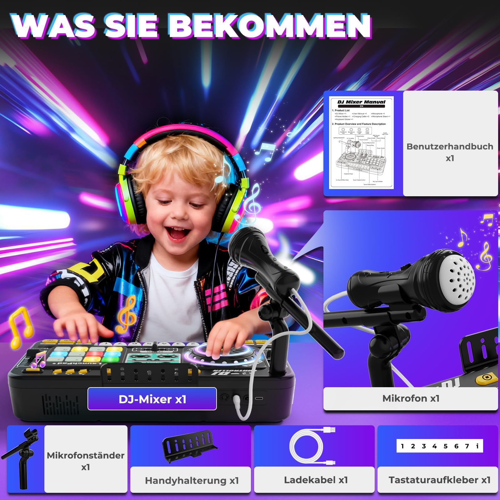 DJ Mischpult DJ Pult für Kinder 3-10 Jahre DJ Controller DJ Mixer Musikinstrumente mit Mikrofon 100+ Soundeffekten Licht Akku, Geschenk Spielzeug für DJ-Anfänger Jungen Mädchen 3 5 6 7 8 9 10 Jahre