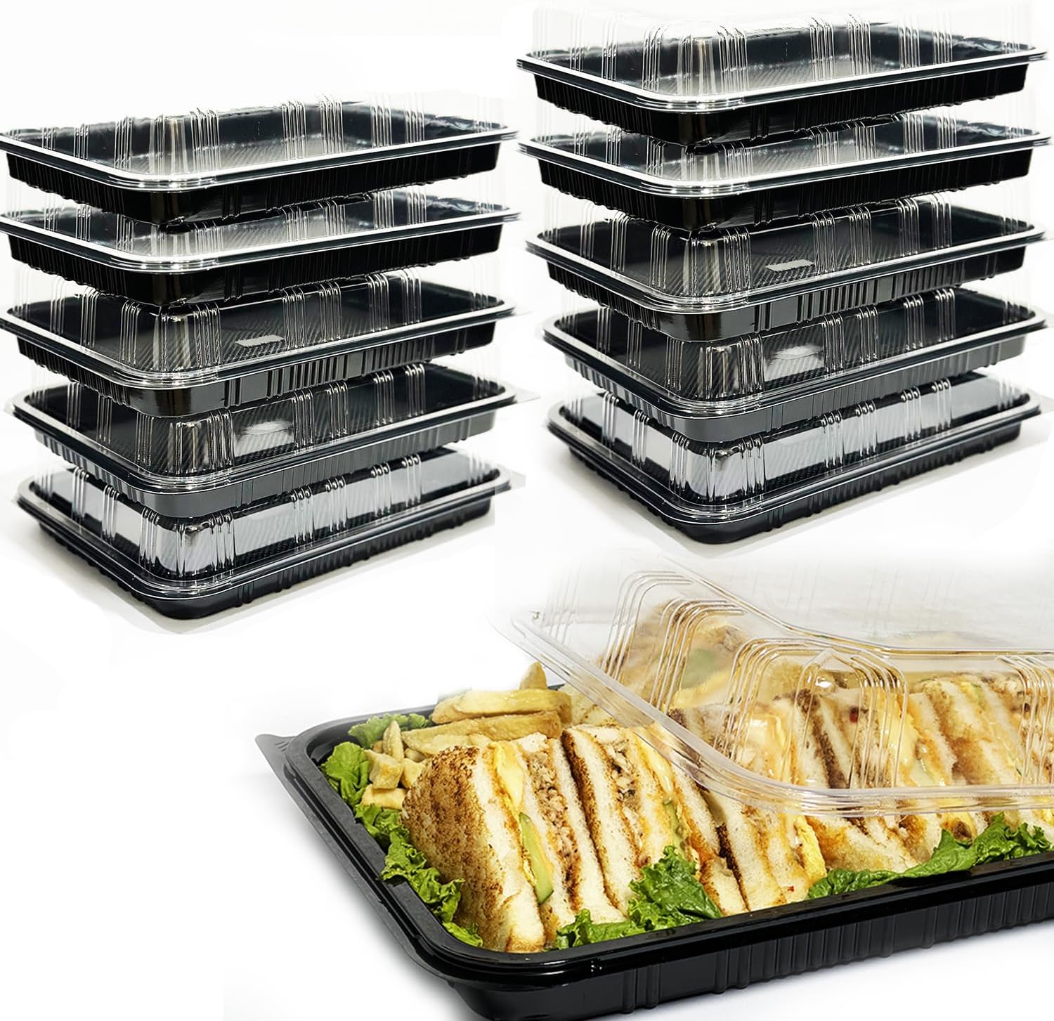 TRAYA Pack of 10 Reusable Sandwich Platter Trays With lids - Reusable Plastic Catering Trays With Lids for Meal Prep, Cakes, Treats and Sandwiches (33.5cm x 24cm x 7cm)