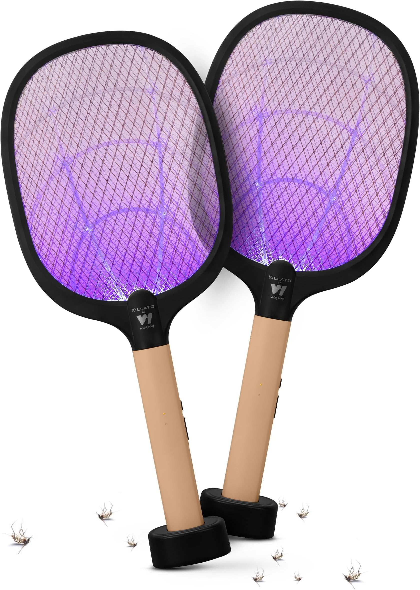 WEIRD WOLF 2 in 1 UV Light Mosquito Bat Racket Electric Fly Swatter with Base Stand, Lithium Battery, USB Type-C Charging Peach Black (Pack of 2)