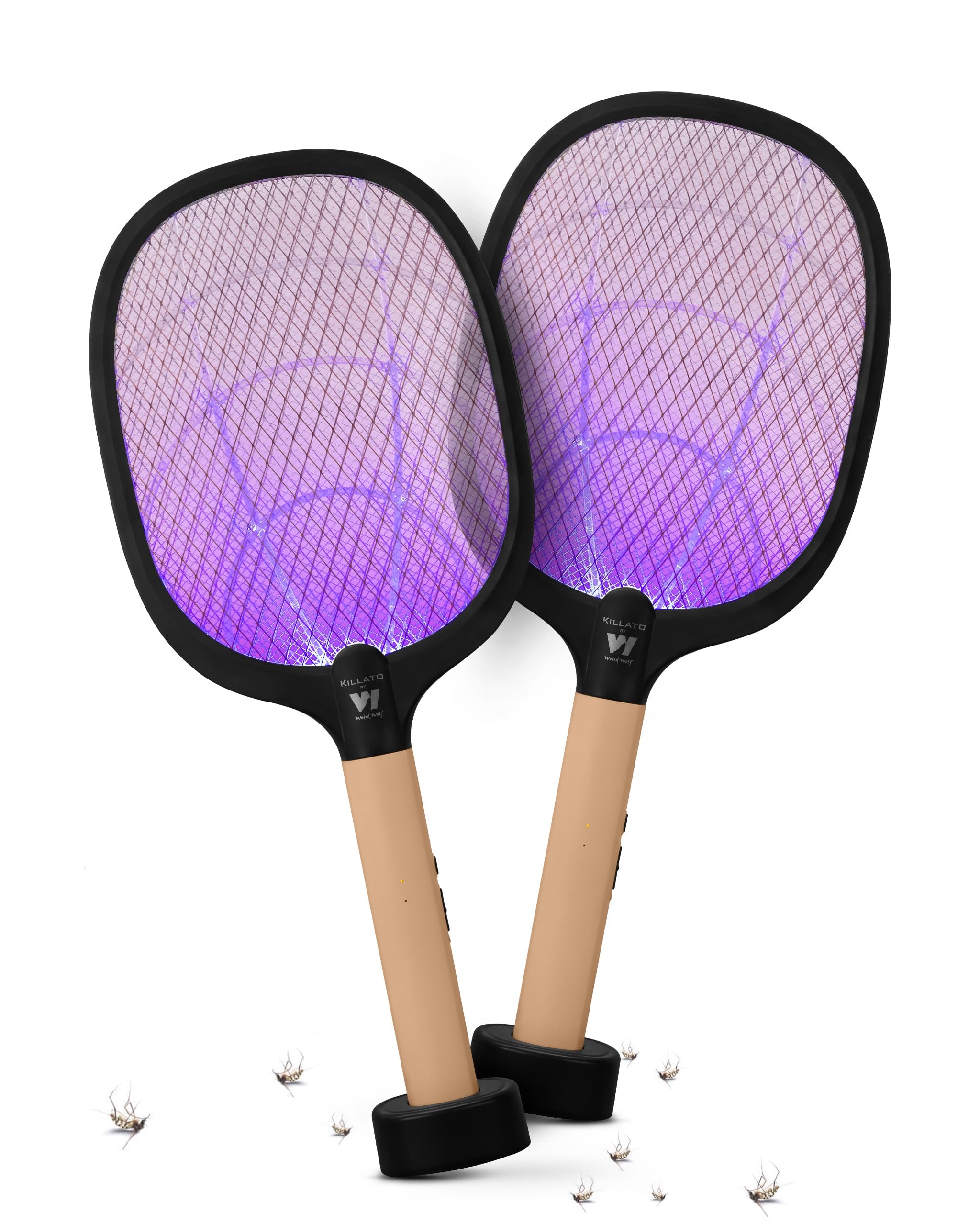 WEIRD WOLF 2 in 1 UV Light Mosquito Bat Racket Electric Fly Swatter with Base Stand, Lithium Battery, USB Type-C Charging Peach Black (Pack of 2)
