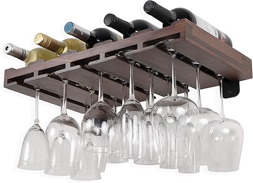 Rustic State Palomino Estante flotante de madera para botellas de licor de vino con soporte para cristalería, estante organizador de almacenamiento