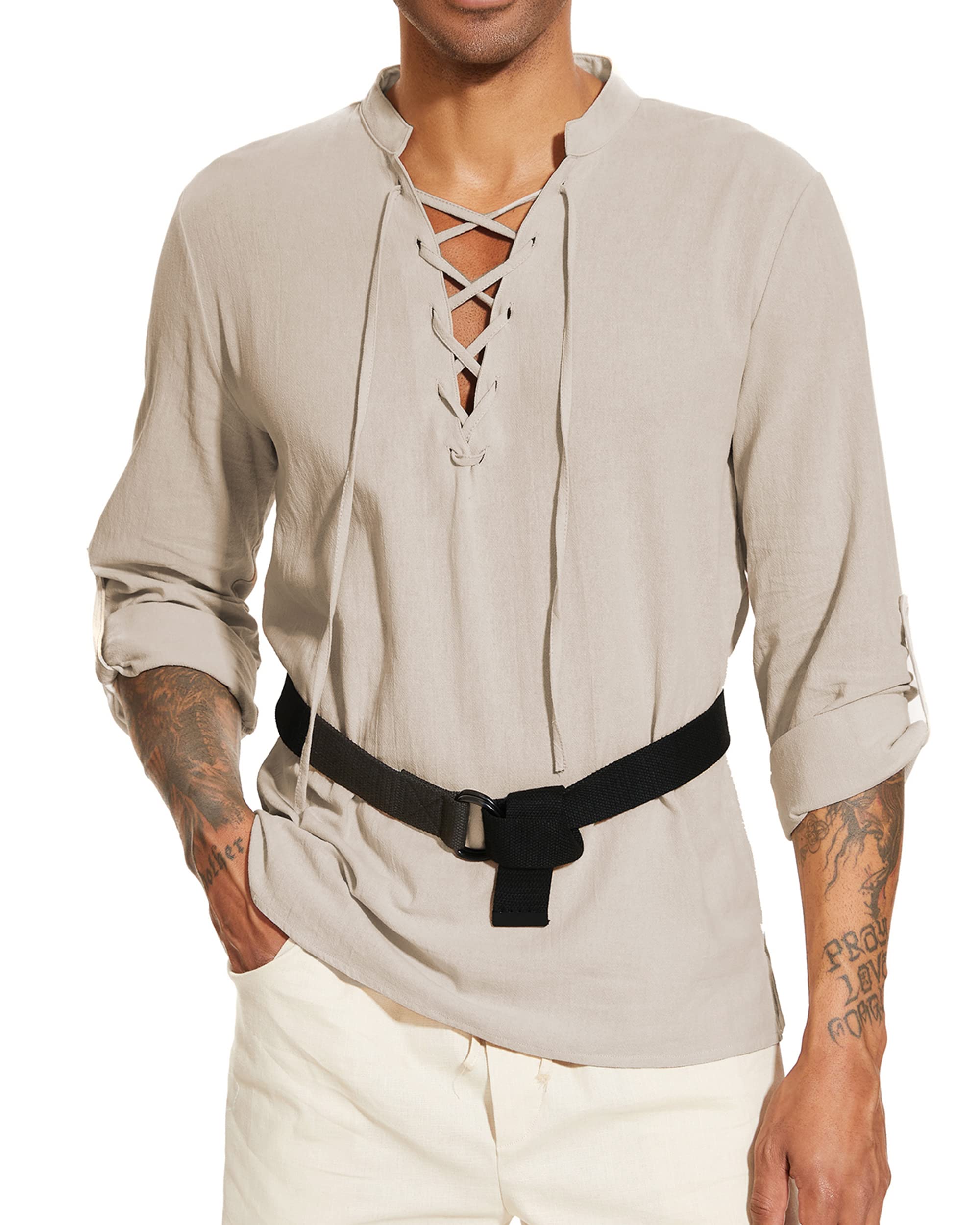 LUYANA Leinenhemd Herren Langarm Freizeithemd Ghillie Kilt Shirt