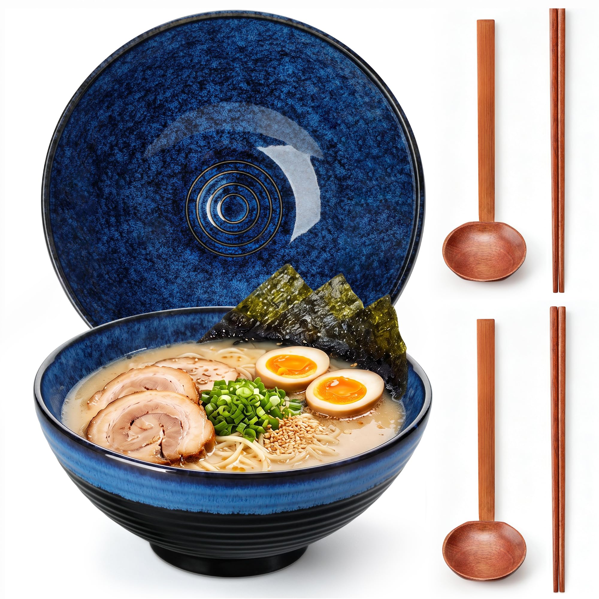 vancasso 45 oz Large Ramen Bowls Set of 2, Japanese Ceramic Noodle Bowls with Chopsticks &amp; Spoons, Soup Bowls for Ramen, Pho, Udon, Pasta, Salad, Microwave &amp; Dishwasher Safe, Navy Blue