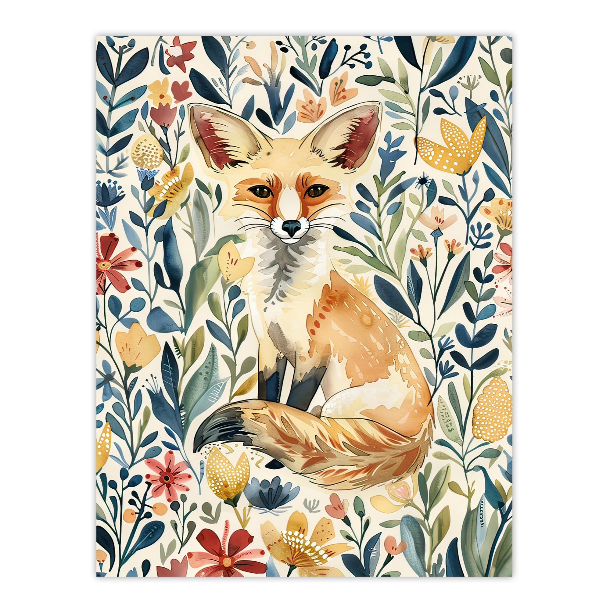 Artery8 Fennec Fox in Wildflower Field Floral Watercolour Living Room Extra Large XL Wall Art Poster Print