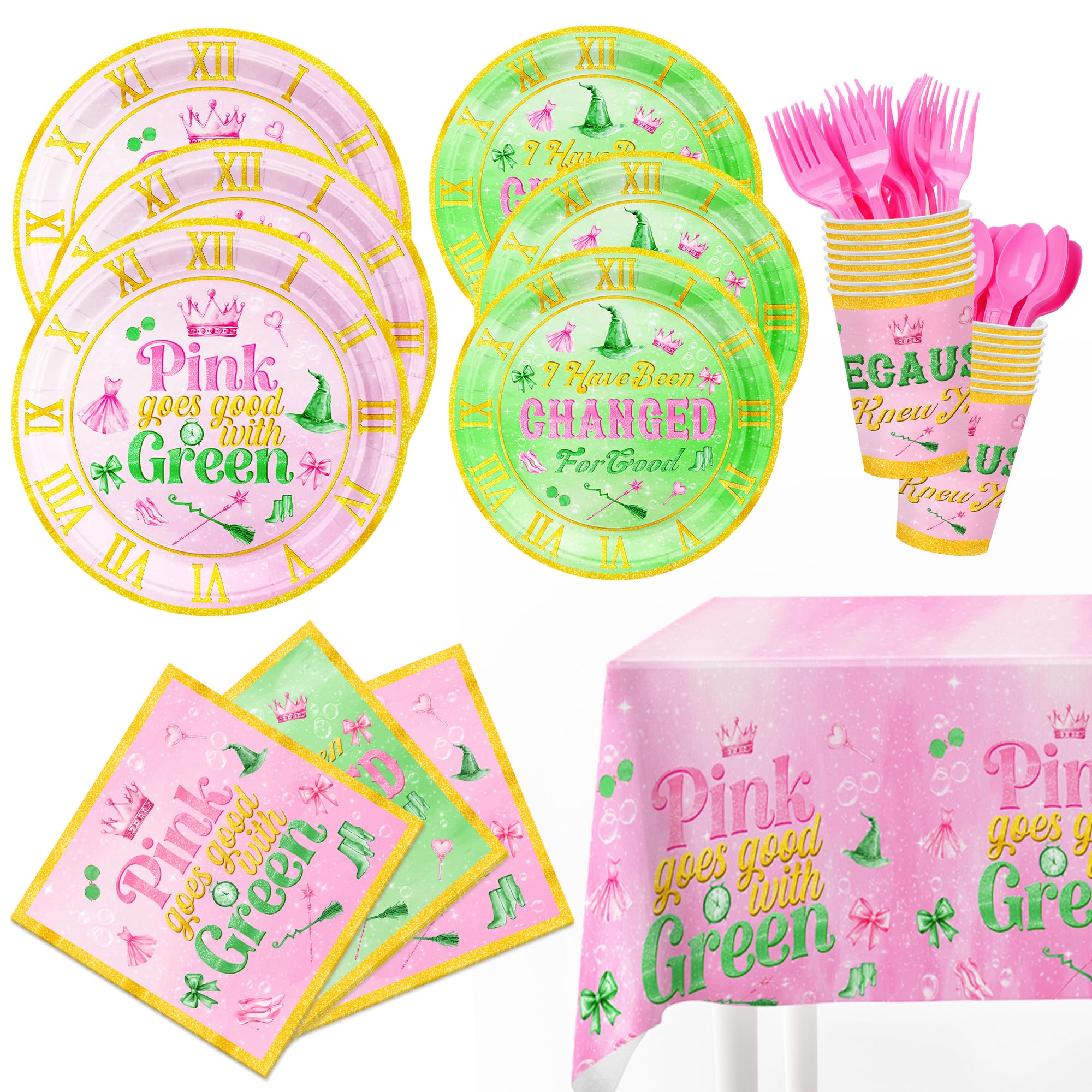 151 PCS Witch Birthday Party Decorations Tableware Pink and Green Plates and Napkins Movie Theme Tablecloth Include Plates Napkins Forks Cups
