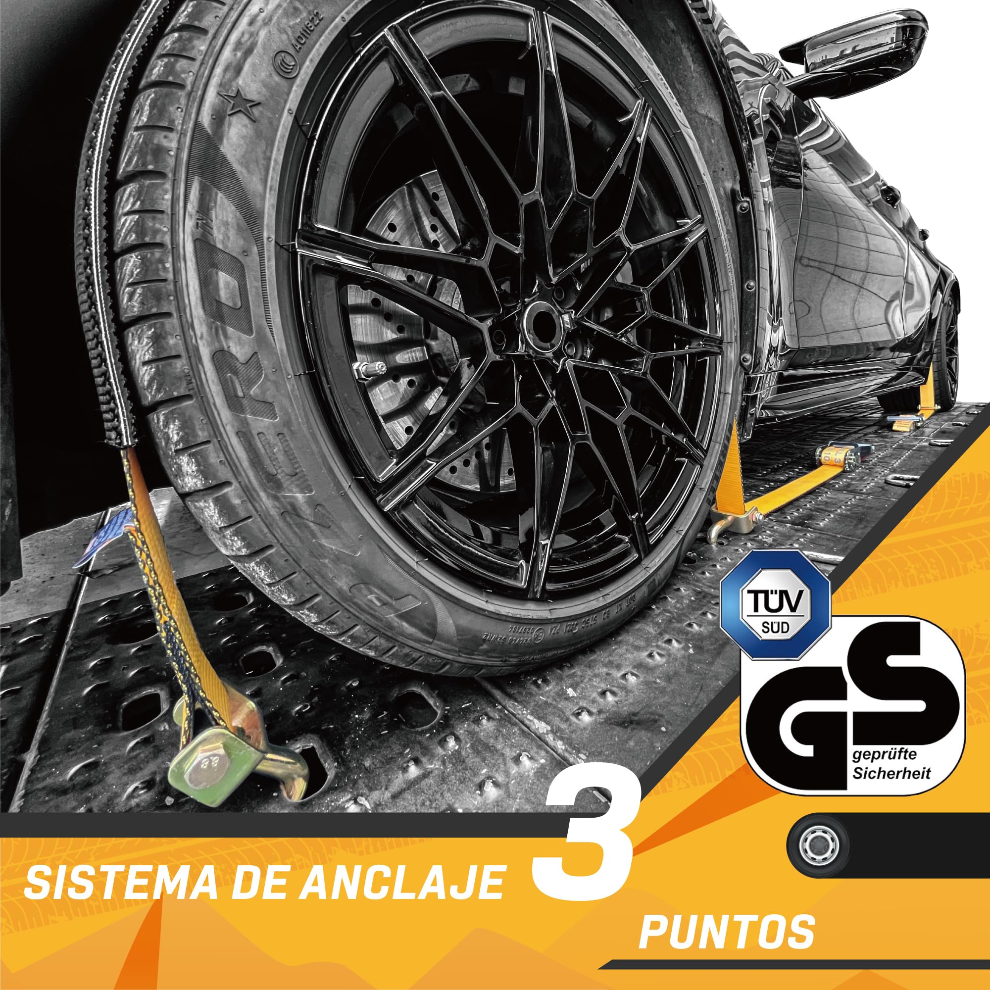 4 Correas para Ruedas 50mm x 2.5m | Correa de Trinquete 5000kg Transporte Coches | con Almohadillas Antideslizantes y Ganchos Giratorios 360° | Certificado TÜV G/S según DIN EN 12195-2