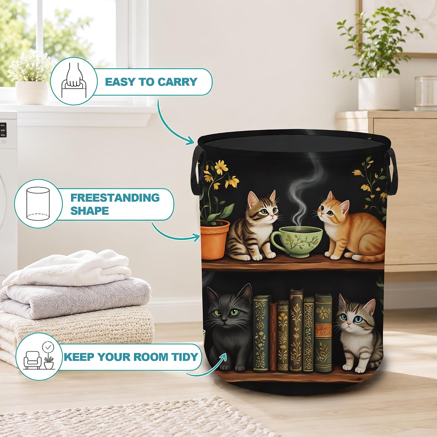 Laundry Basket,Cat Bookshelf Foldable Clothes Hamper with Handles,Library Floral Plants Waterproof Oxford Cloth Storage Organizer for Bedroom Bathroom College Dorm,16" x 20"