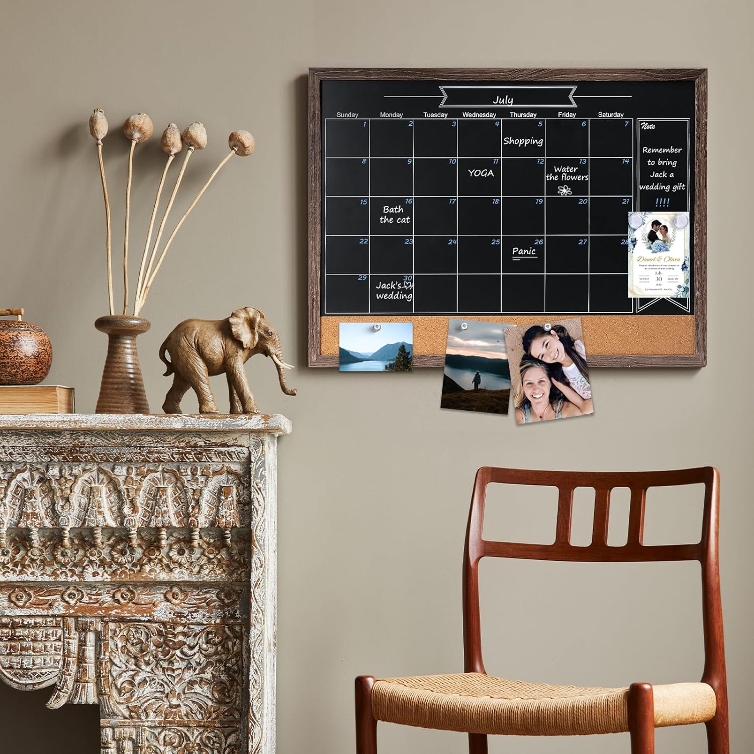 ARCOBIS Chalkboard Calendar with Cork Board, 24x18 Inch Wood Frame Bulletin Board for Wall, Magnetic Chalk Calendar Board with Chalk Markers, Push-Pins and Magnets,Grey