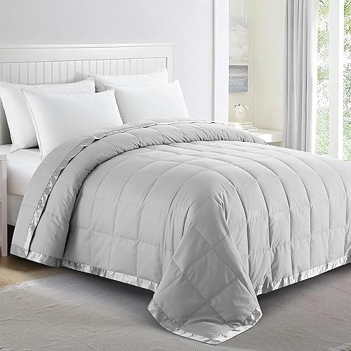 puredown® Blankets Queen Size - Soft Lightweight Down Blanket for All Seasons, Cozy Warm Luxury Bed Blanket with Satin Trim, Cotton Cover, Light Grey (90"X90")