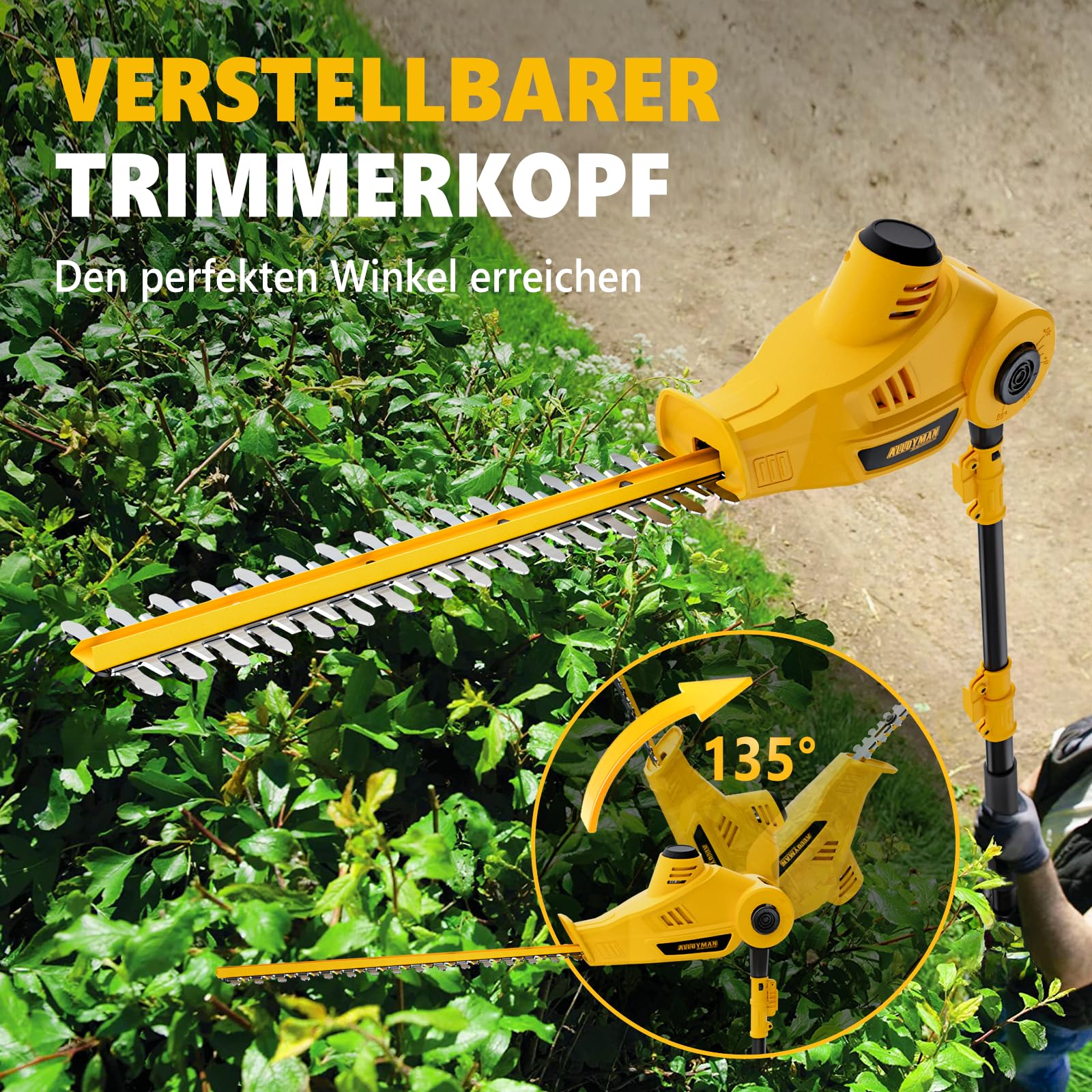 Alloyman Akku Teleskop Heckenschere 20V MAX, mit 2 × 4,0 Ah Akkus und Ladegerät, 40 cm Doppelmesser, 2,4 m Teleskopstange für Hecken und Sträucher
