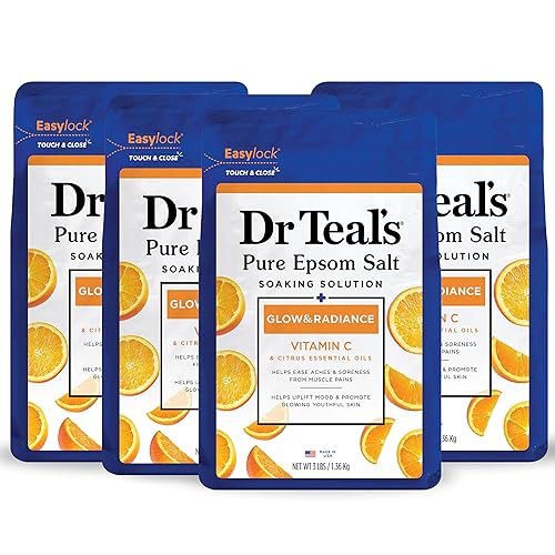 Dr Teals Pure Epsom - Sal de remojo brillo y resplandor con vitamina C y aceites esenciales de cítricos 3 libras paquete de 4