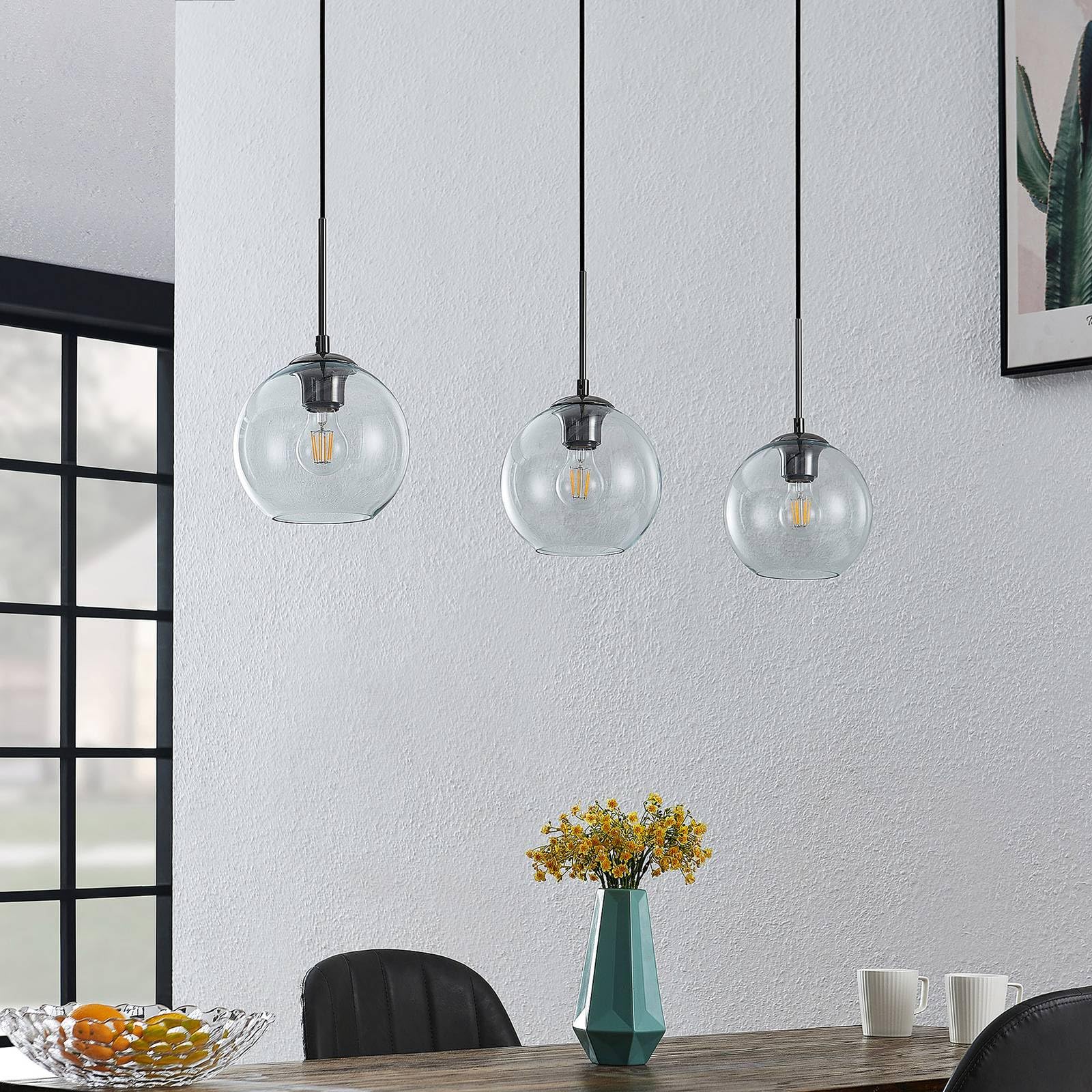Lindby Lampadario a Sospensione 3 Sfere in Vetro 110 cm, Lampada Pendente Antracite Industrial Vintage 3x E27 Cucina Sala da Pranzo Soggiorno