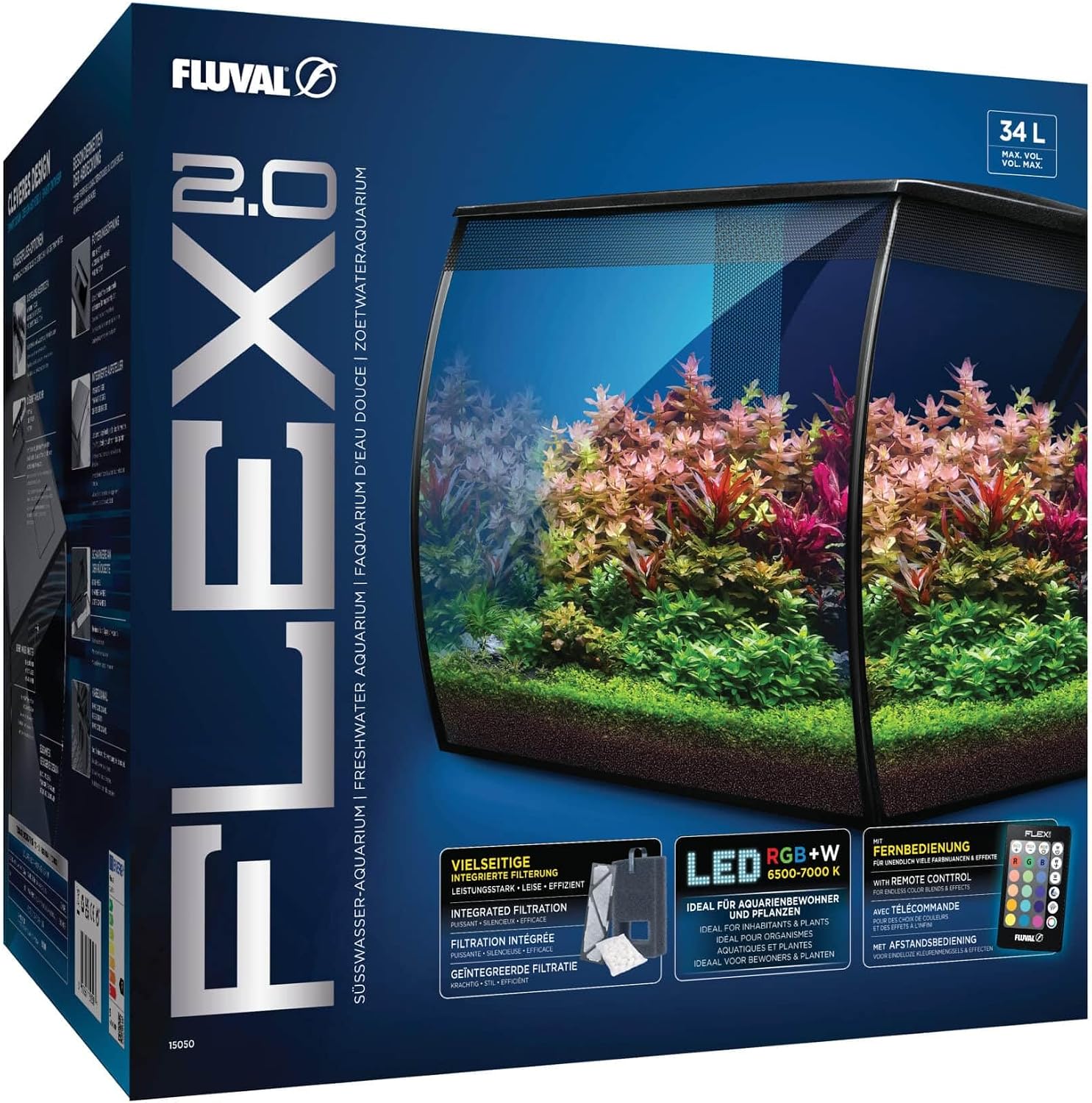 Black Fluval Flex 2.0 34-litre curved glass aquarium with integrated filtration