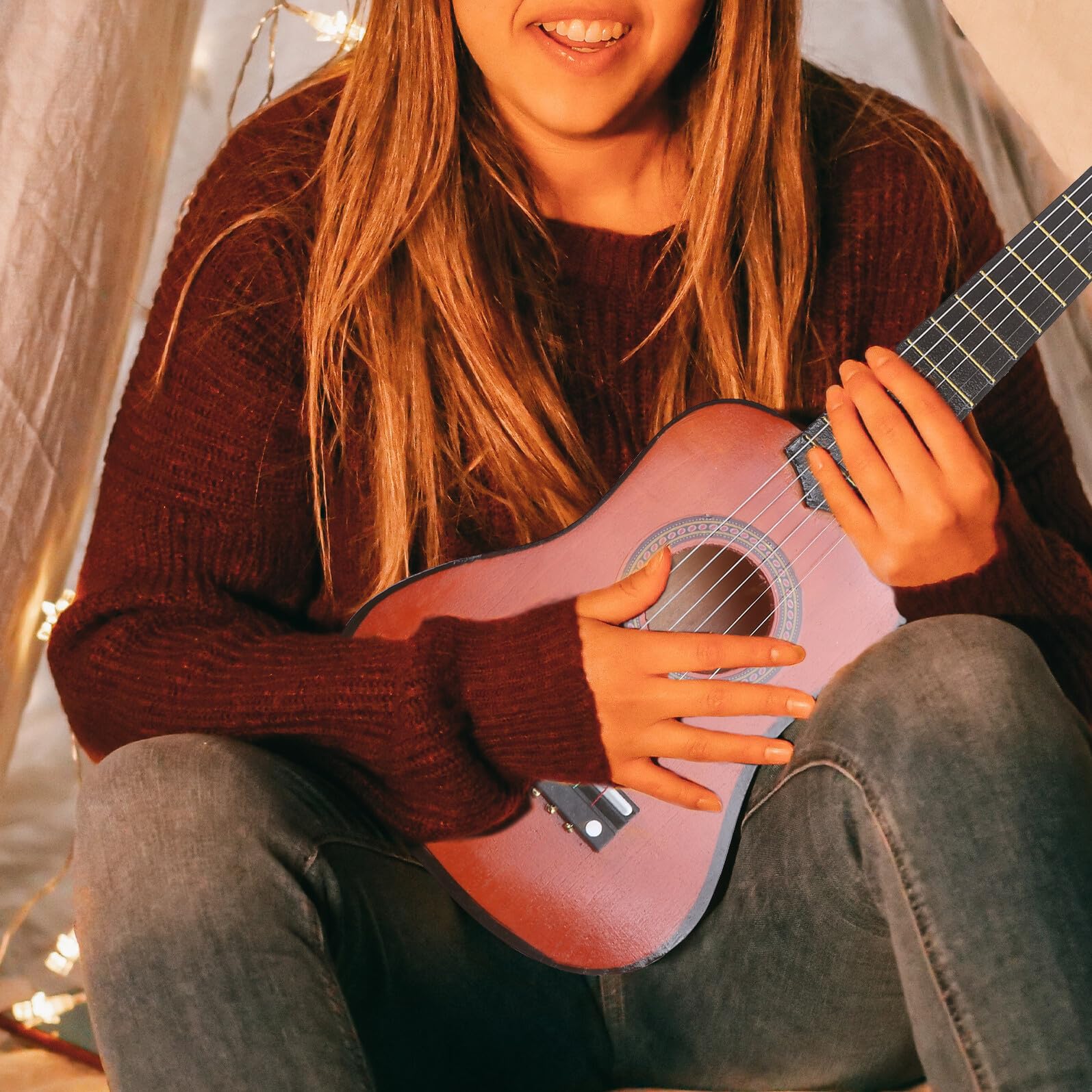 Calowa Akustyczna Gitara dla Początkujących Chłopiec Dziewczynka Drewniany Instrument Muzyczny Mini Gitara o Wygodnym Uchwycie Naturalne Brzmienie Bezpieczne Ekologiczne