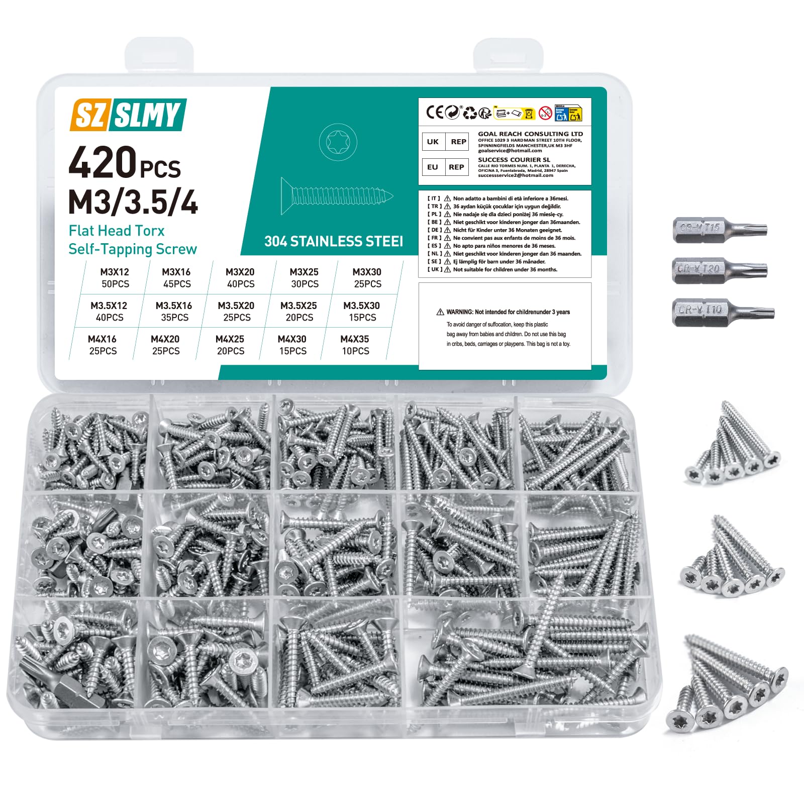 420 tornillos autorroscantes, acero inoxidable, juego de tornillos Torx, tornillos de cabeza plana Torx, M3 M3,5 M4, cabeza avellanada para madera (plata) (001-204, M3 M3.5 M4)