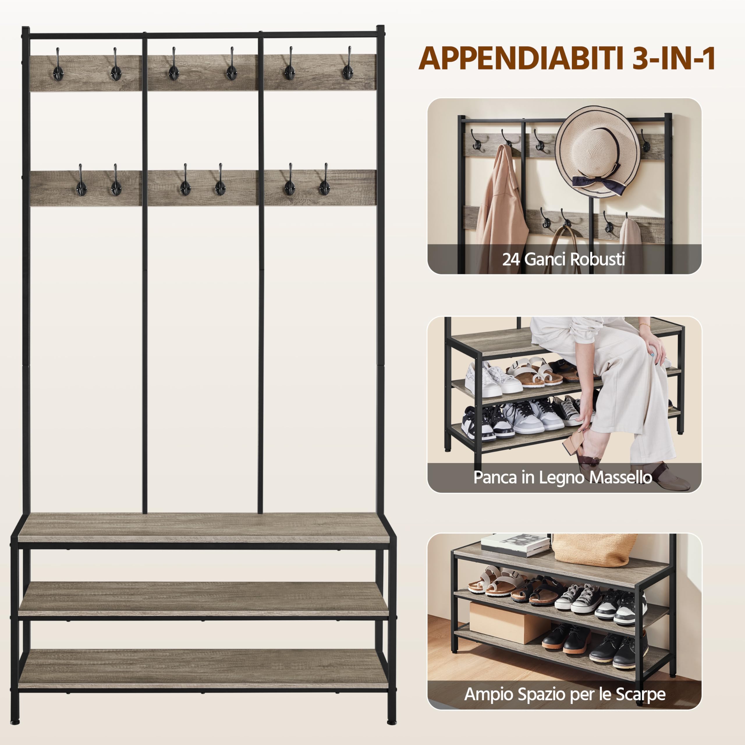 Yaheetech Stand Appendiabiti Attaccappani con Panca Scarpiera da Ingresso in Legno e Metallo Mobile Autoportante Portabiti da Entrata Mobile da Corridoio con Ripiani e 12 Ganci Grigio
