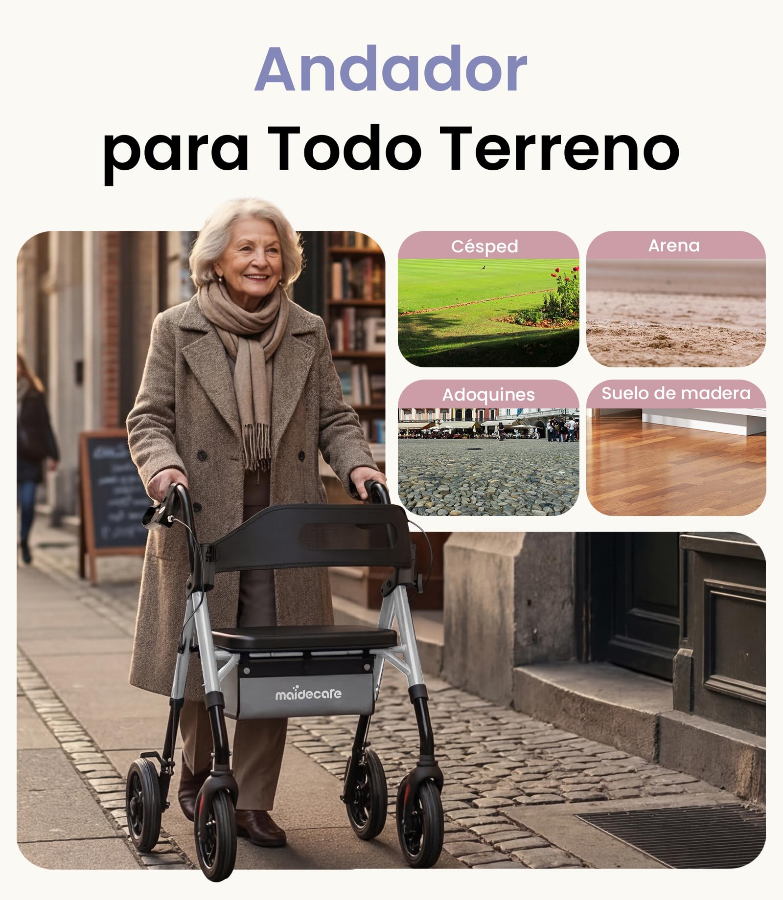 Andador para Ancianos con Asiento Plegable, Manillar y Asiento Regulables en Altura, Caminadores para Mayores, Ayuda para Caminar Ligera con Freno, Ruedas 8" Todoterreno, Plata Estelar