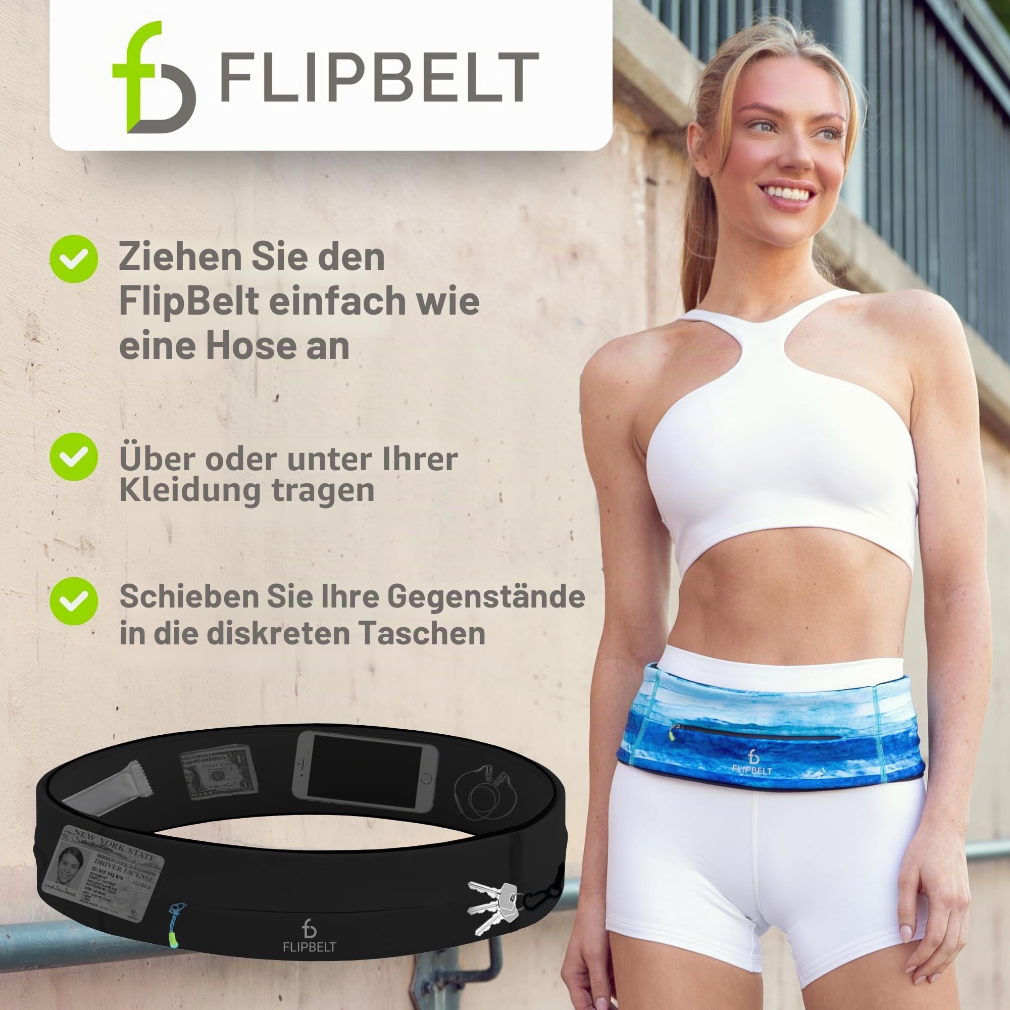 FlipBelt Zipper - Laufgürtel für Handy & kleines Zubehör - Sport-Bauchtasche für Damen und Herren