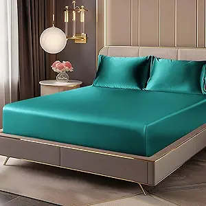 BEDELITE Satin Fitted Sheet and Pillowcases Set, Luxury Soft Similar to Silk Bottom Bedsheet with Elastic Corner Straps, Deep Pocket up to 15 Inch, 1 Fitted Sheet and 2 Pillowcases(King, Teal)