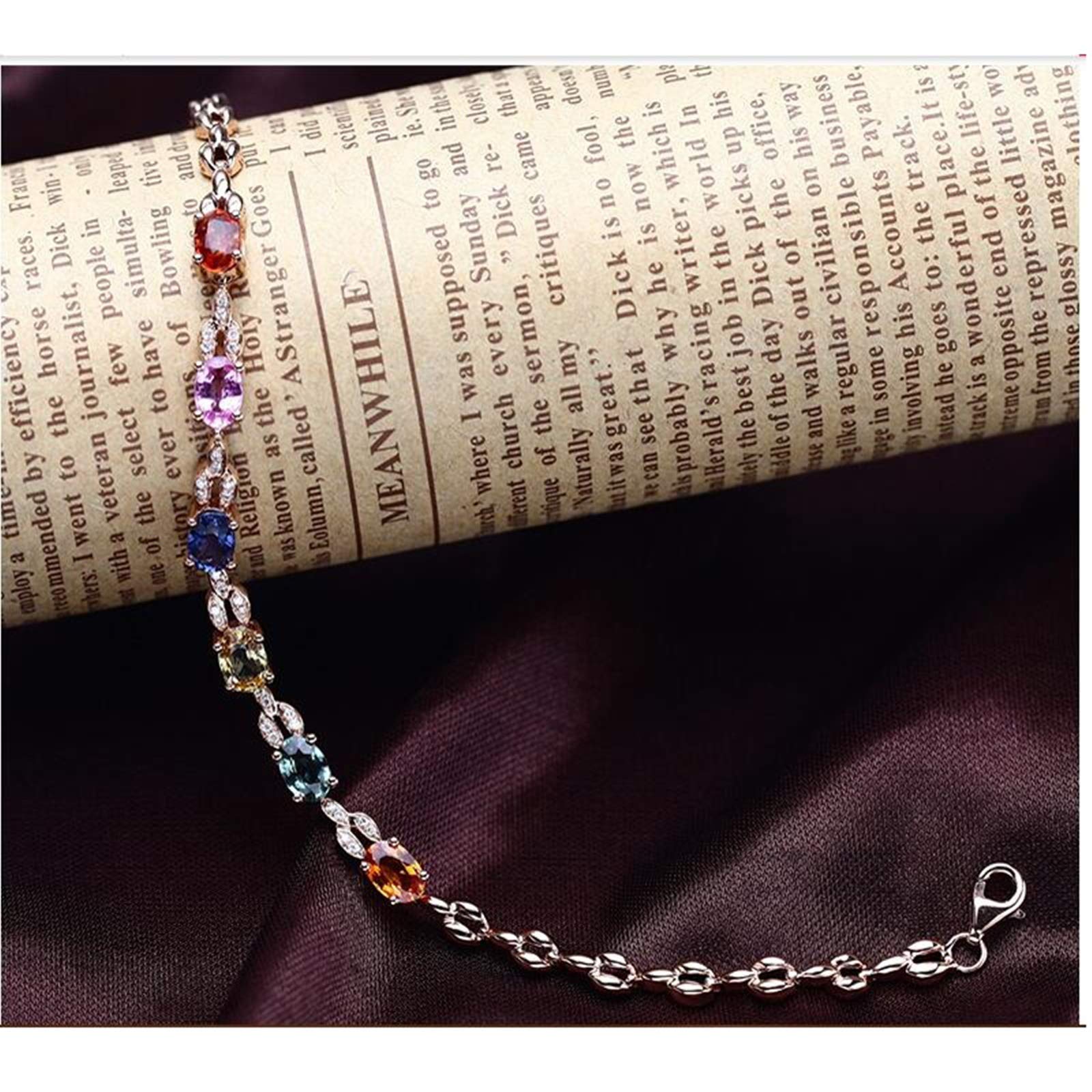ZH1YFD Pulseras para Mujer Oro Rosa de 18 Quilates, Eslabón de Barra con Zafiro Multicolor Pulsera de Cadena de 3,6 Quilates Mujer 16+3CM