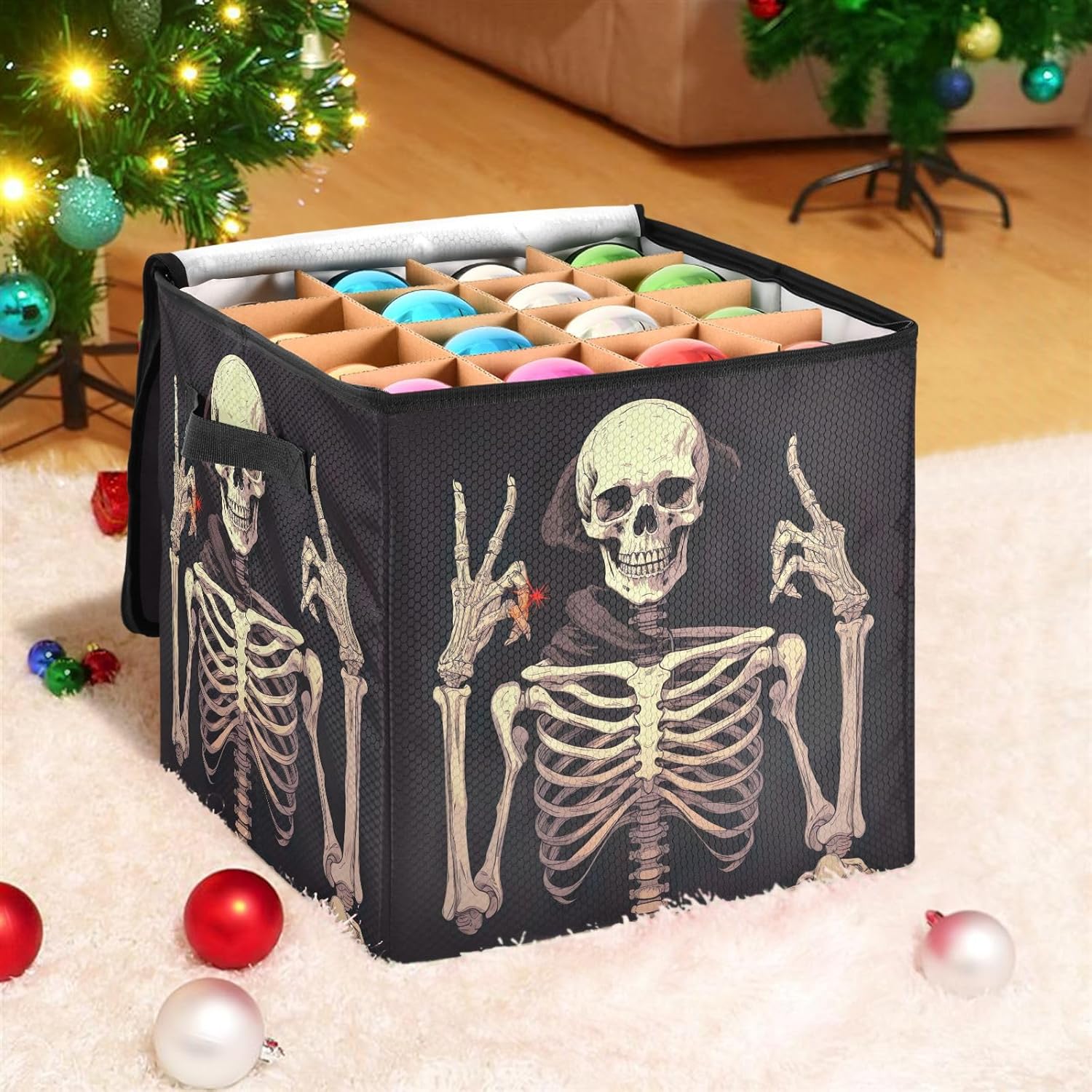 Funny Halloween Skeleton 13 Inch Christmas Ornament Storage Box with Lid - Holiday Decor Storage Containers, Stores 64 Ornaments, 3 Inch Cube Compartments