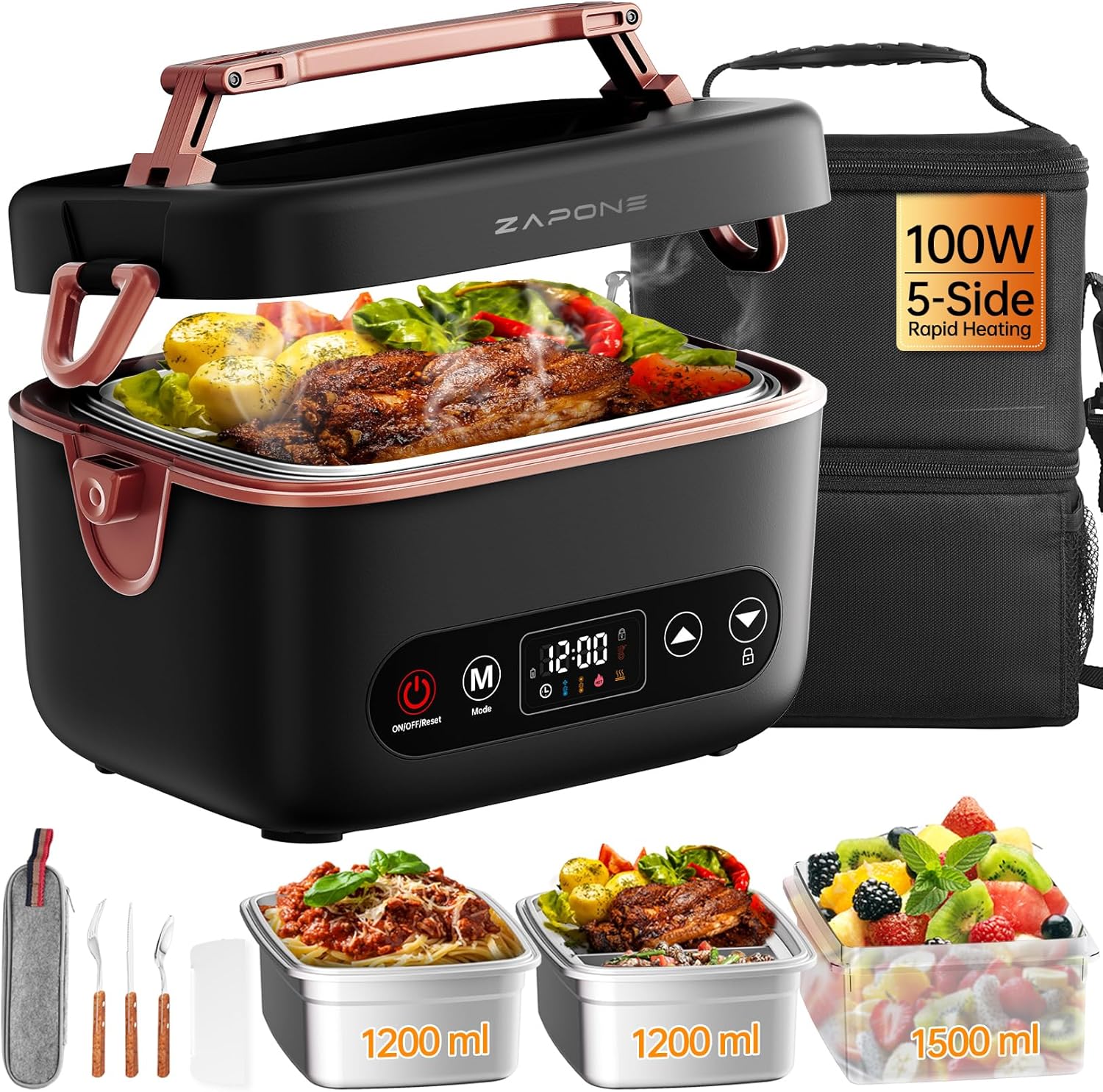 2X1.2L Cordless Electric Lunch Box For Adults,6x4000mAh Rechargeable lunch box Upgared 100W 5D Surround Heat Tech,Food Warmer 220°F Max,with Dual Insulated Bag,BPA Free,Brown