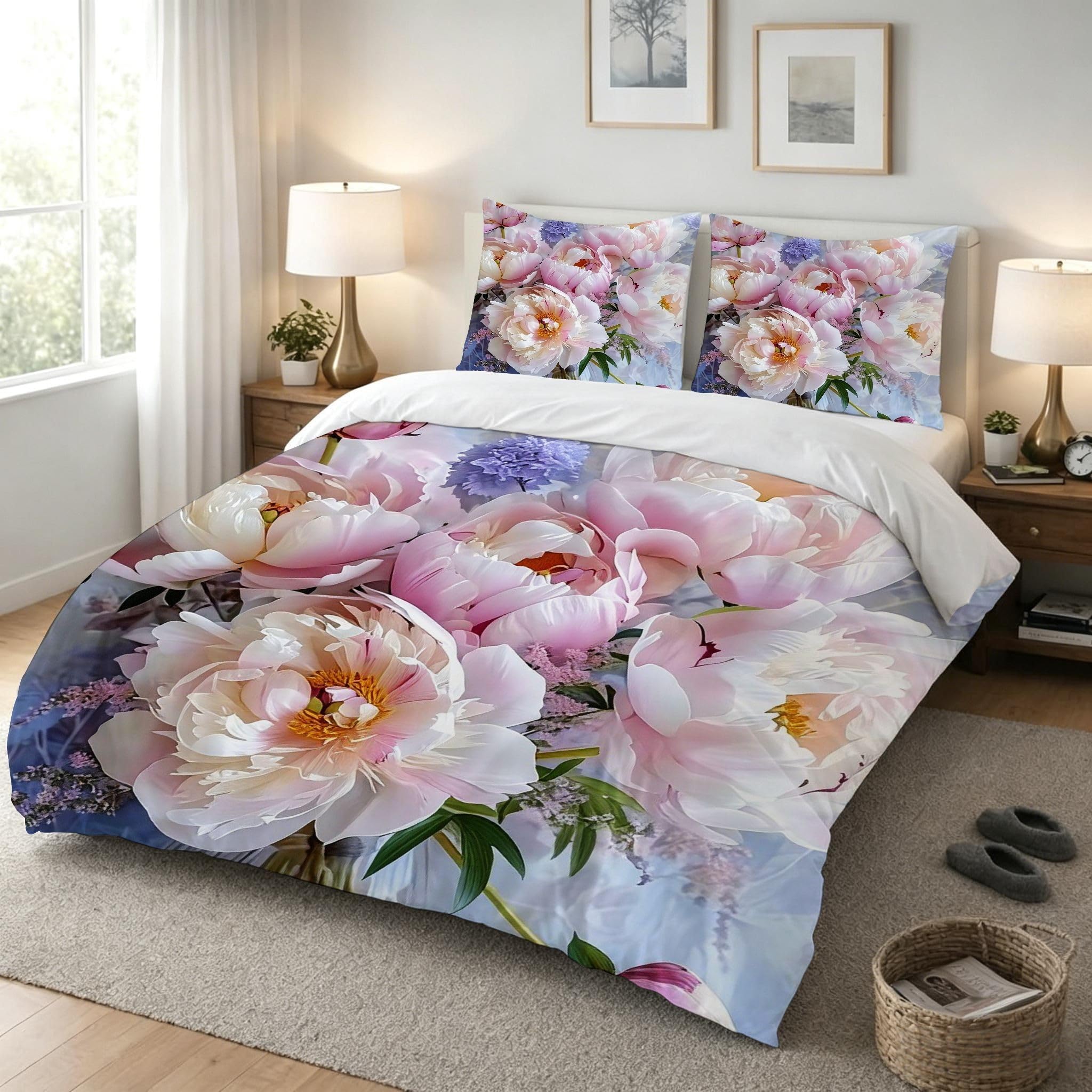 Copripiumino Matrimoniale Peonia Bianca 260x240, ZW684 | Traspiranti Durevoli Microfibra, per Tutta la Famiglia, Matrimoniale, per Tutte le Stagioni, con 2 Federe 50x80 cm