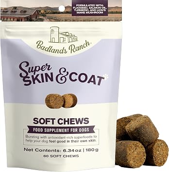 Badlands Ranch Super Skin & Coat Soft Chews for Dogs Antioxidant-Rich Superfoods with Flaxseed, Salmon Oil, Turmeric & Lions Mane Mushroom 60 Soft Chews