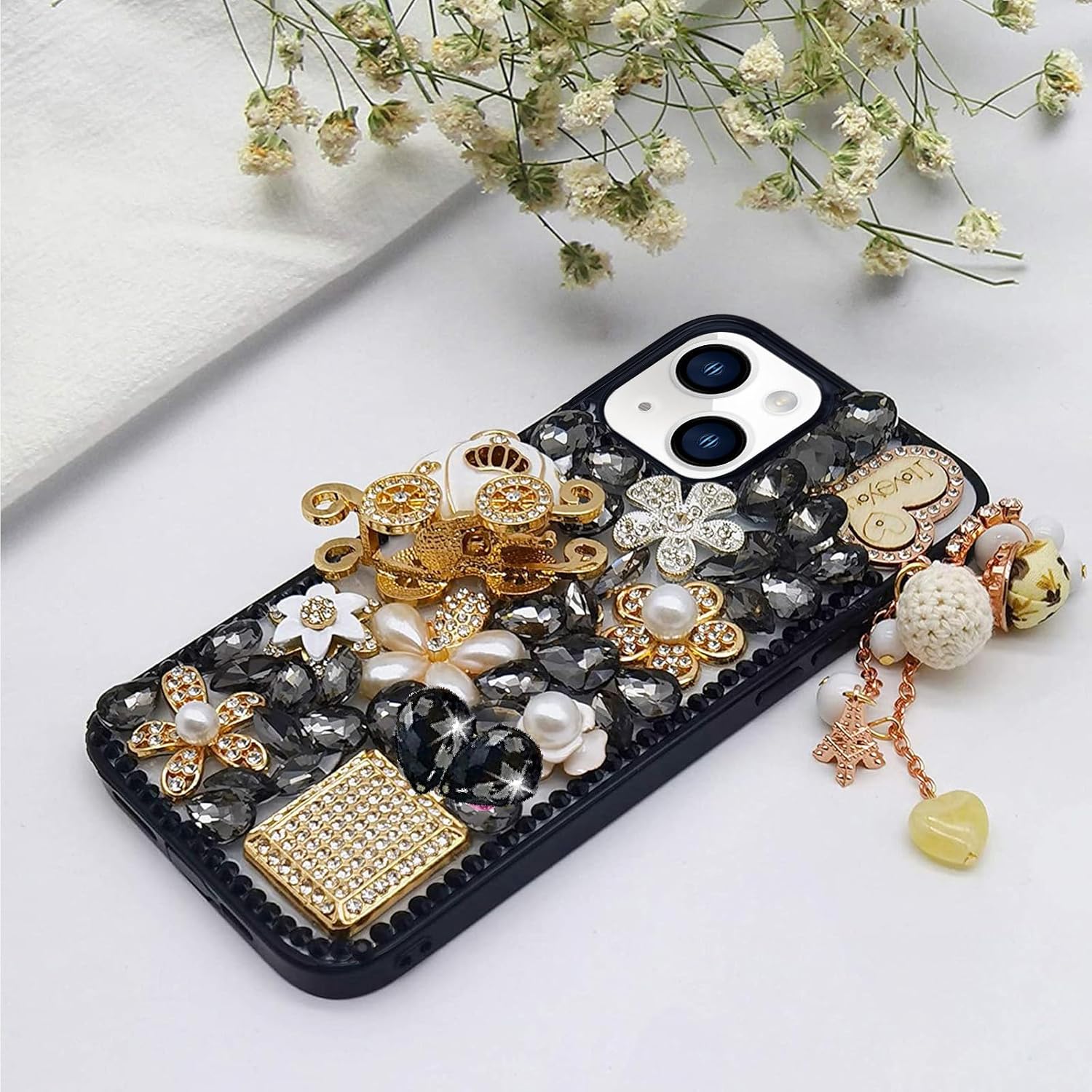 Guppy for iPhone 14 Bling Glitter Case,Luxury Diamond Rhinestone Gemstone 3D and Flower Gemstone Pumpkin Car Tower Pearl Soft TPU Back Cover Case for Women Black - Image 5