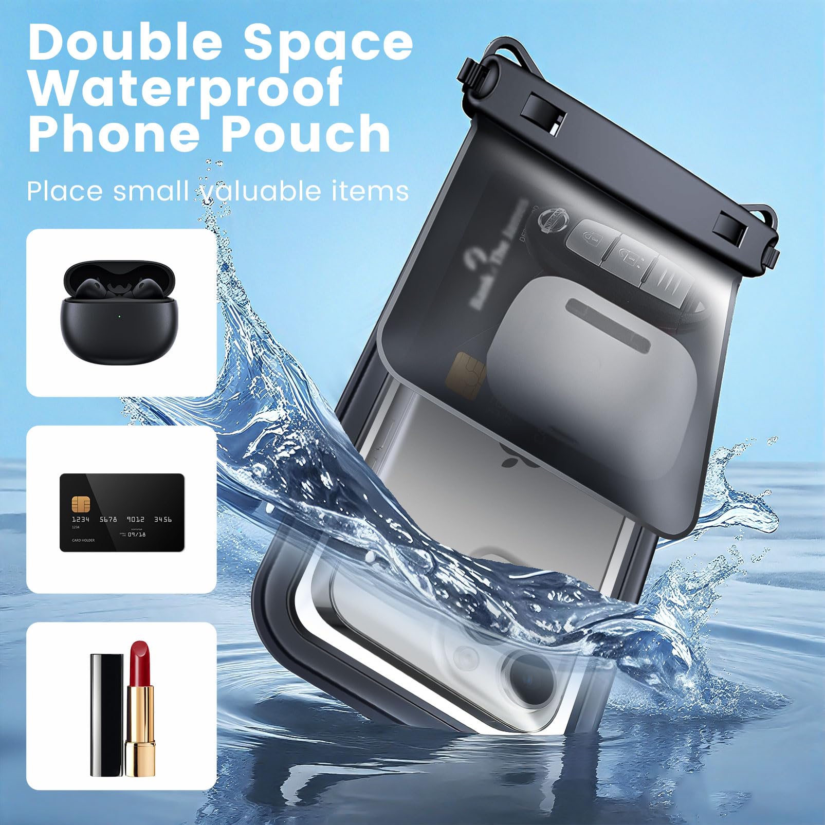 Rynapac Funda impermeable de doble espacio para teléfono, paquete de 2 fundas impermeables para teléfono con cordón para iPhone 15, 14, 13, 12, 11, Pro Max, XS, XR, Galaxy S21 Pixel de hasta 8
