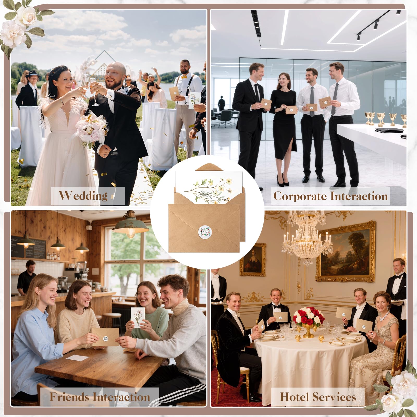 VZZNN Lot de 100 cartes de remerciement motif fleurs sauvages (10,2 x 15,2 cm), cartes de remerciement pour petite entreprise, carte de mariage avec enveloppe, livrées avec 108 autocollants ronds