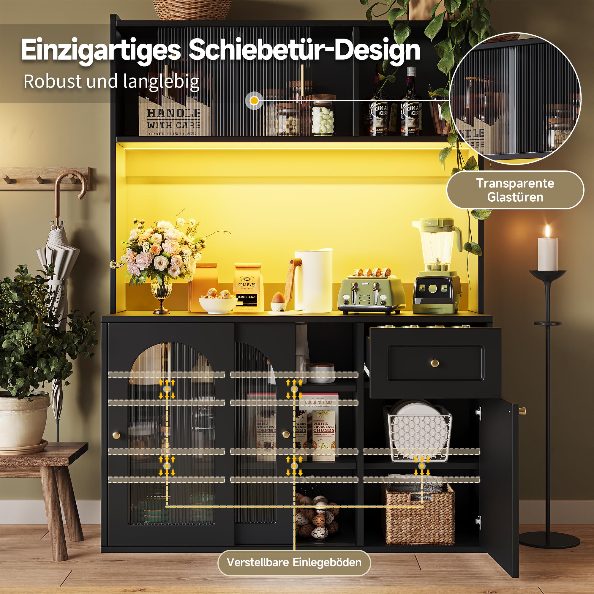 Armadio da cucina, armadio alto, vetrina, credenza da buffet con ripiani regolabili, armadio da sala da pranzo, credenza con illuminazione a LED, Nero